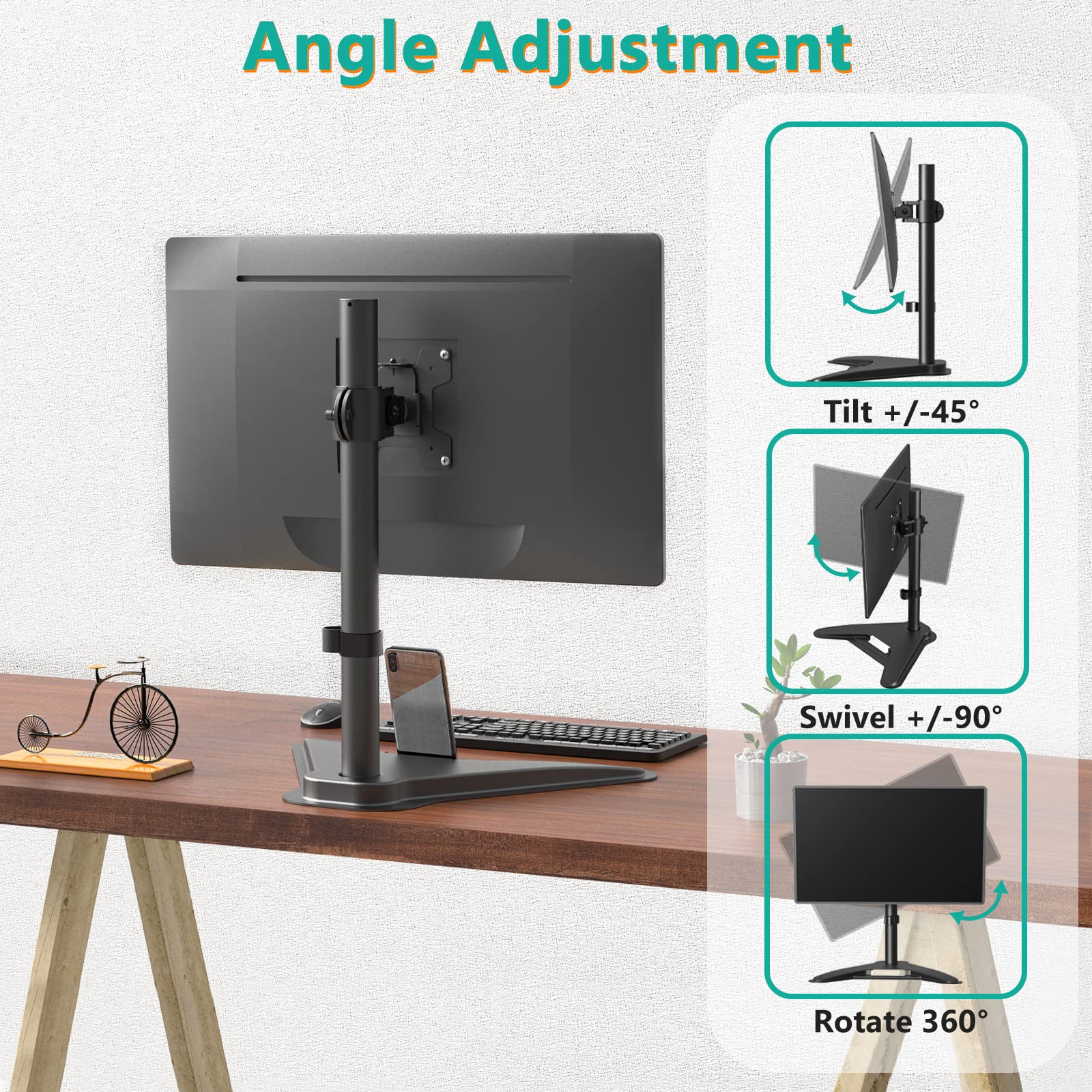 Wali Single Monitor Stand, Free Standing Vesa Mount Base With Phone Holder, Fits One Screen Up To 32 Inch (Mf001 P), Black
