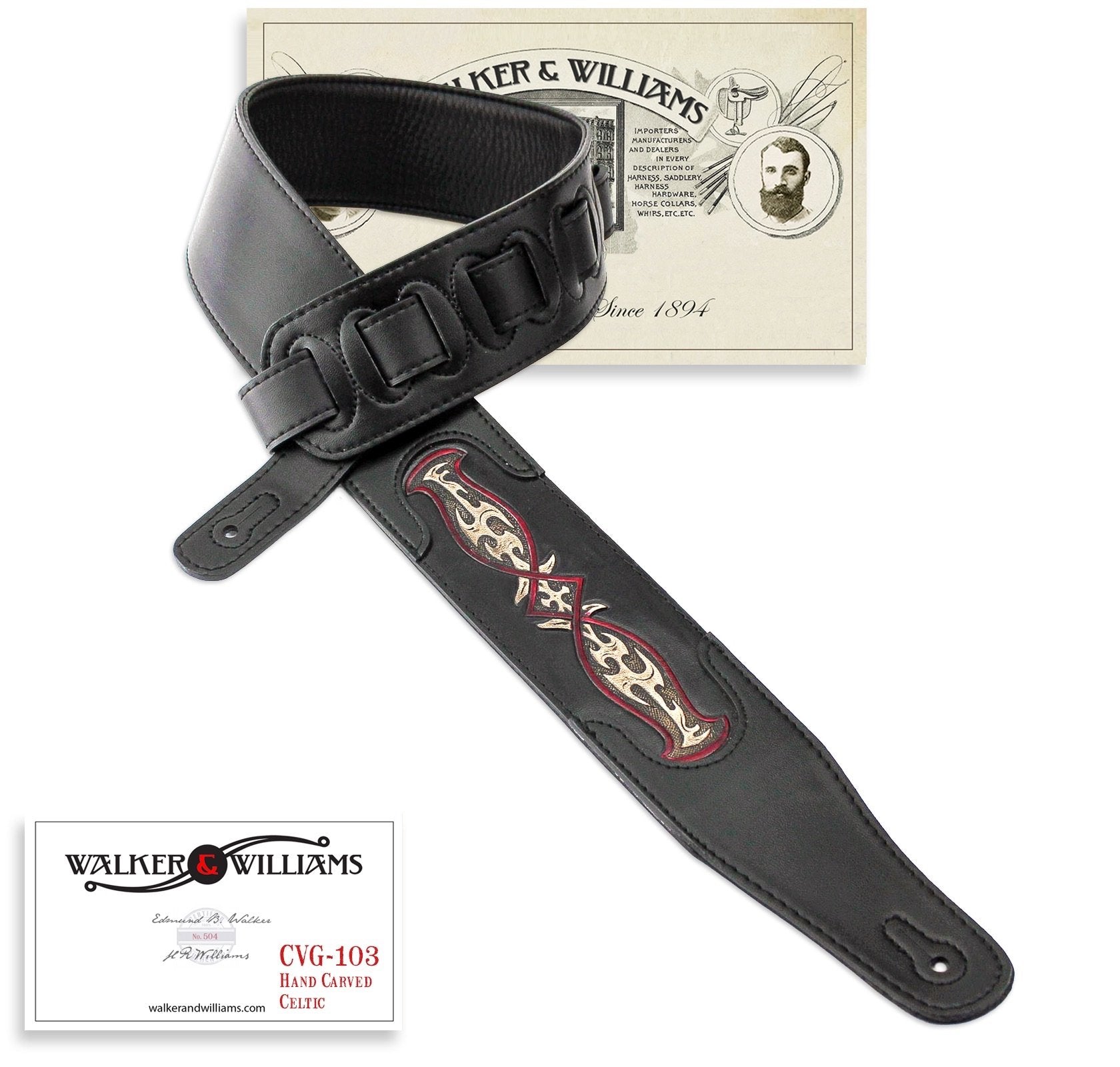 Walker & Williams Cvg 103 Black Padded Guitar Strap Hand Tooled Celtic Design