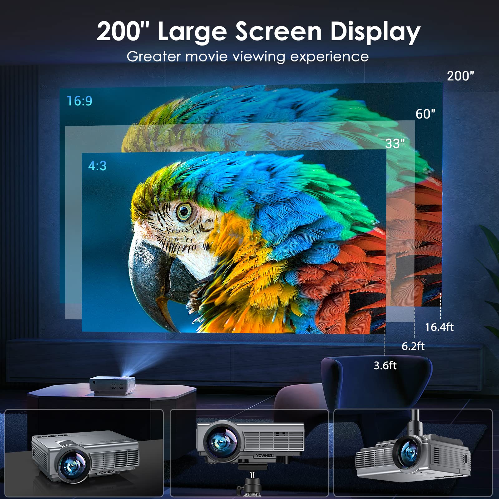 Yowhick Projector With 5G Wifi Bluetooth, Native 1080P Outdoor Movie Projector 4K Support, 10000L Movie Video Projector, For Hdm