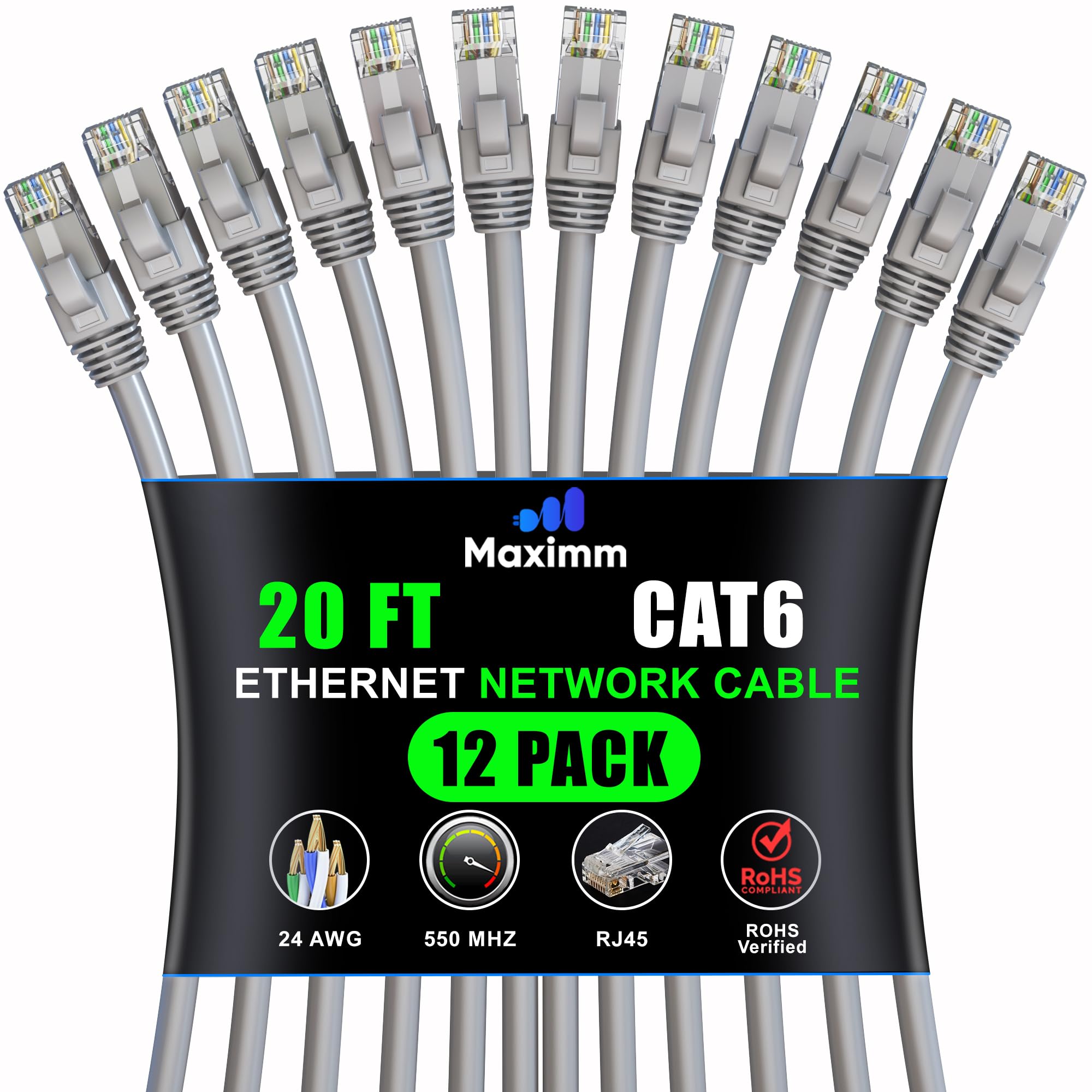 Maximm Cat 6 Ethernet Cable 20 ft (12Pack)  HighSpeed LAN Cable, Internet Cable, Patch Cable, and Network Cable  UTP, 10Gbps