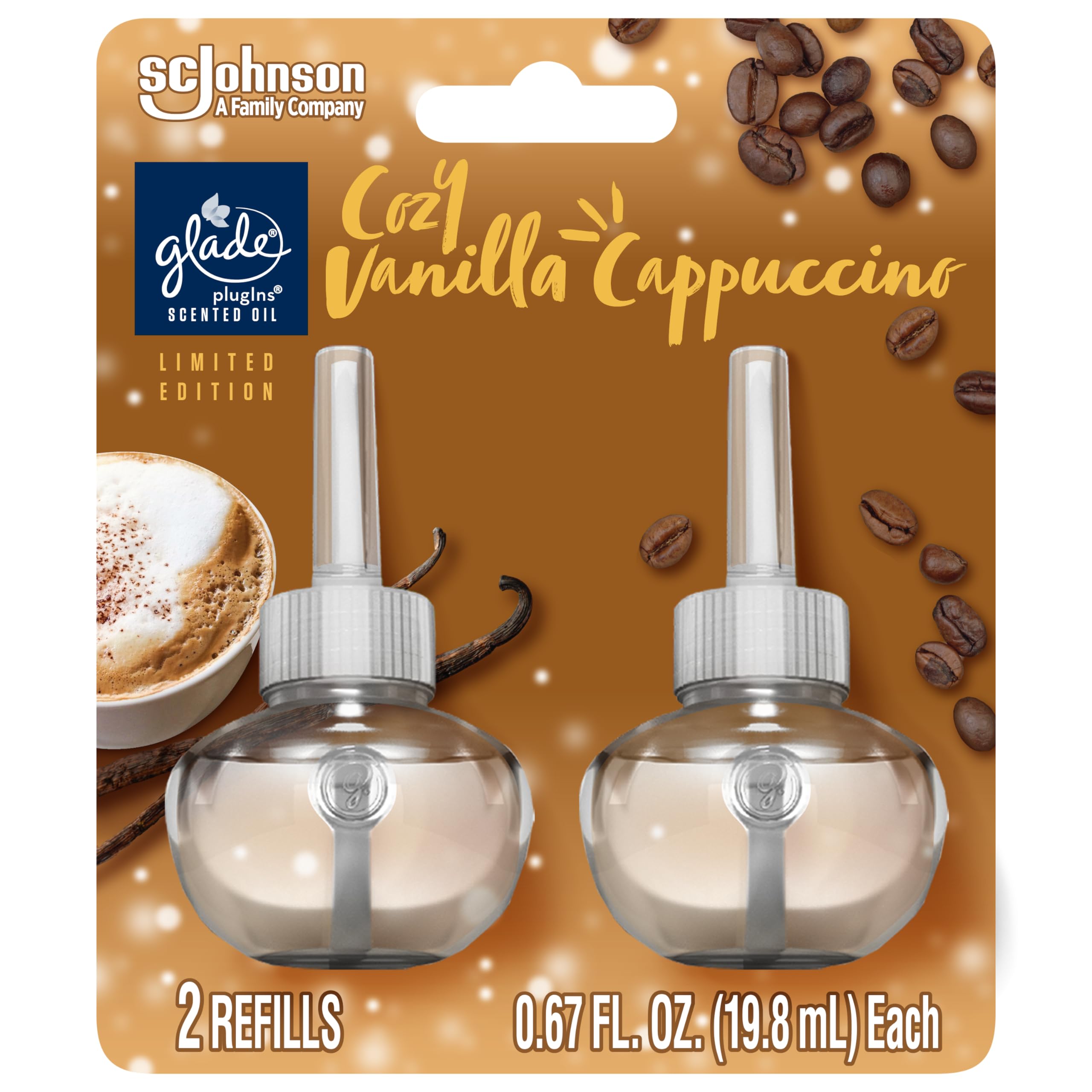 Glade Plugins Refills Air Freshener, Scented And Essential Oils For Home And Bathroom, Cozy Vanilla Cappuccino, 1.34 Fl Oz, 2 Co