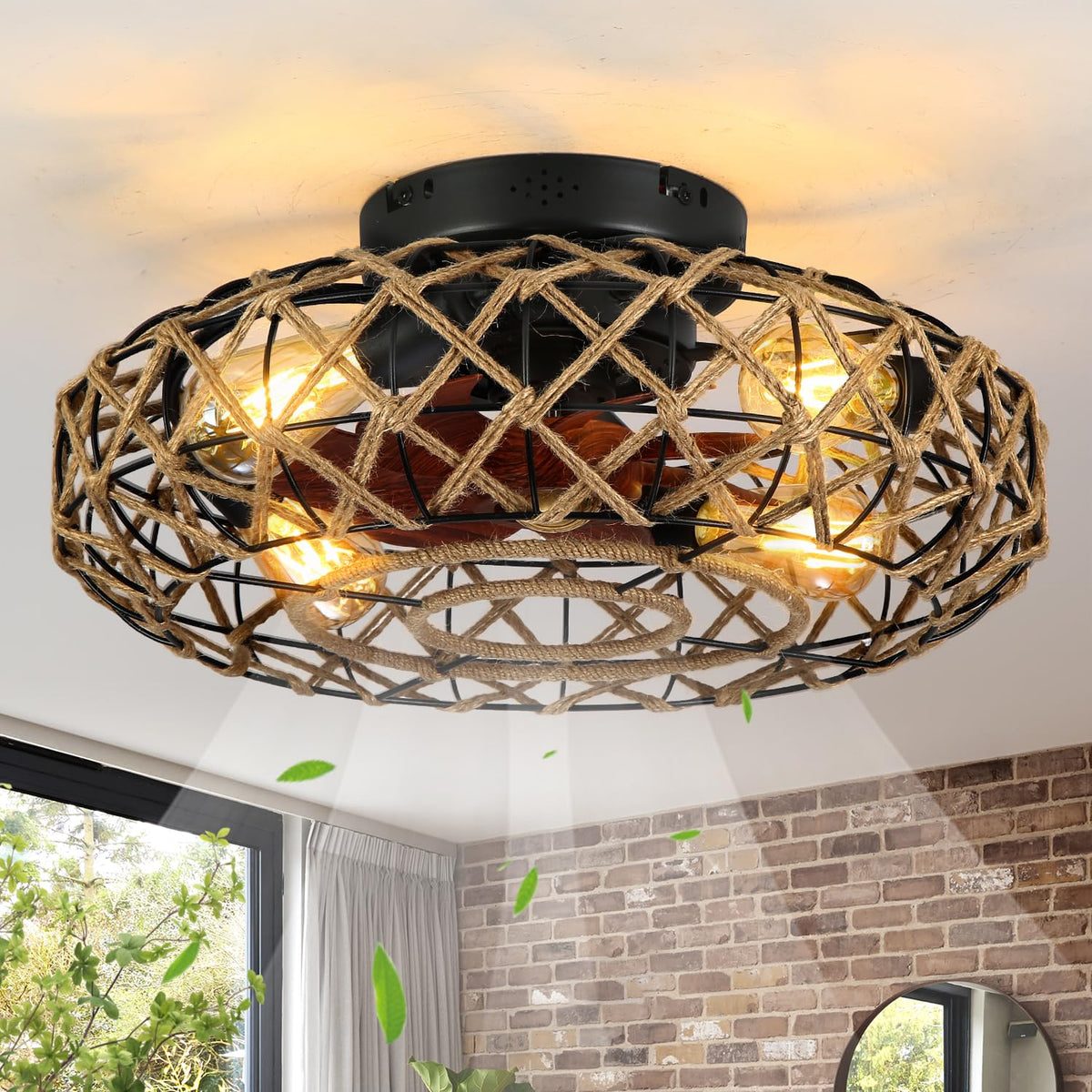 Mezeyo 20''Rustic Hemp Rope Caged Ceiling Fans With Lights And Remote Hand Woven Rattan Flush Mount Ceiling Fan With Light Farmh