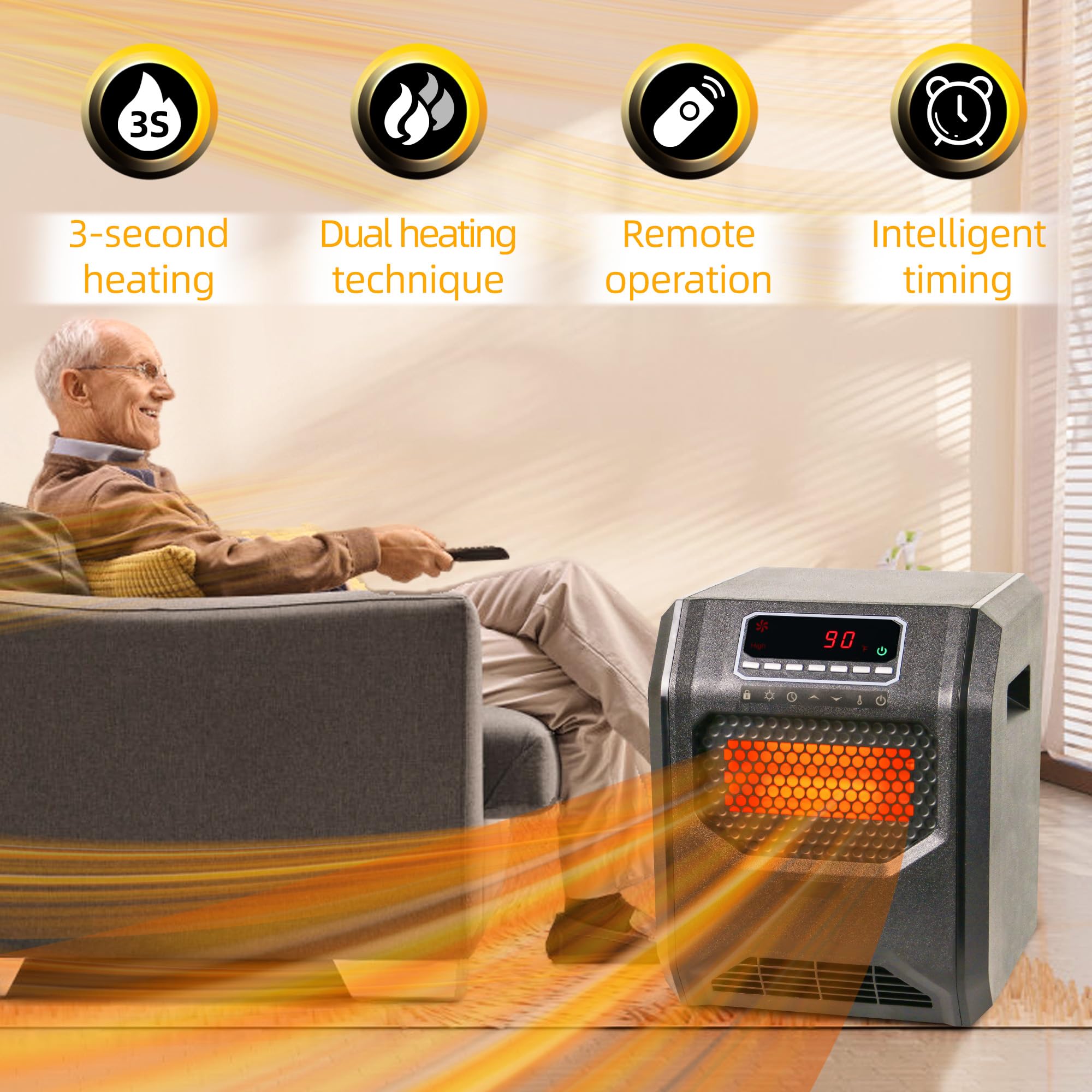 Comfort Portable Quart Infrared Heater For Indoor Use Realsmart 1500 W 3 Heating Mode Lcd Display Remote Control Overheat Tip Ov