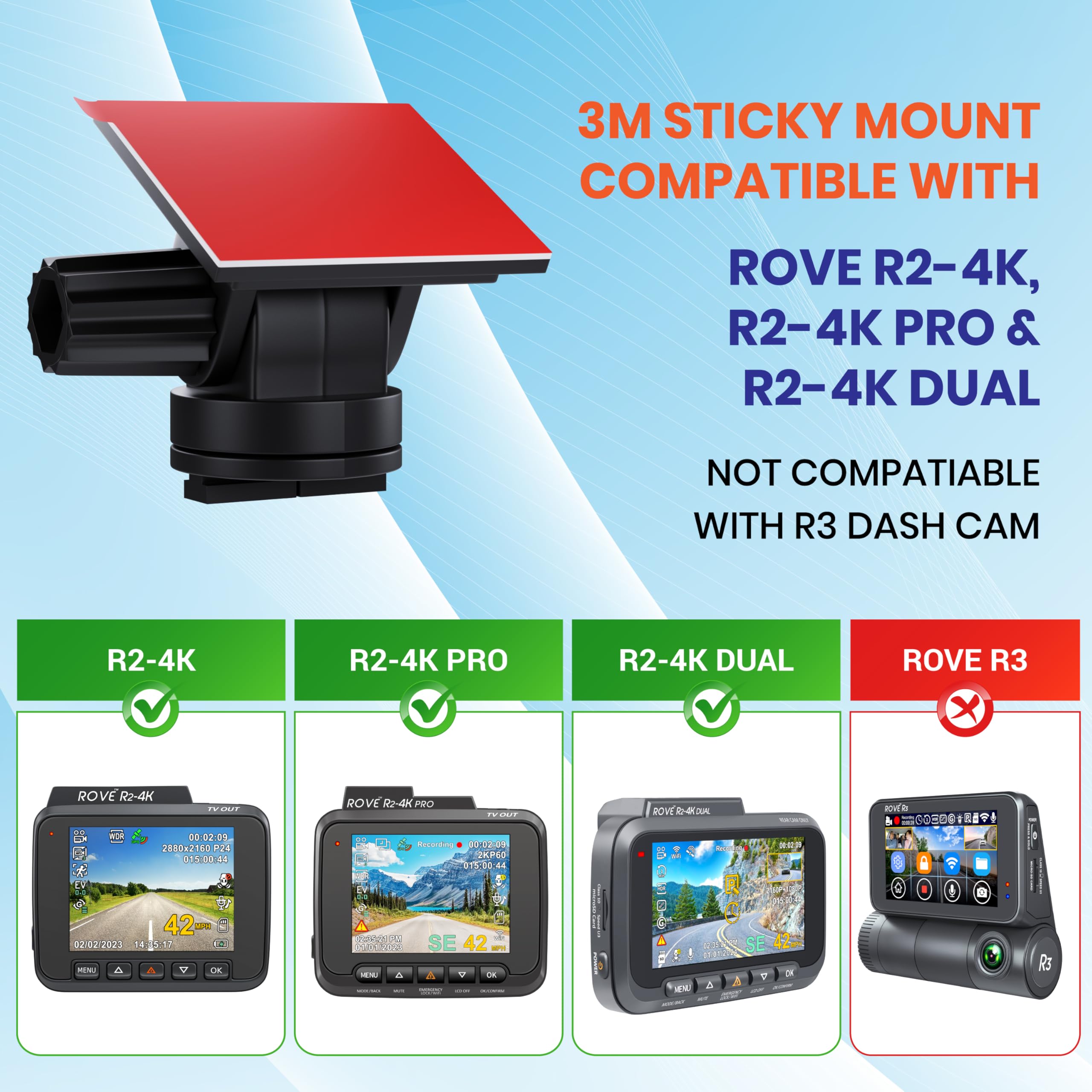 Rove 3M Sticky Mount For R2 4K, R2 4K Pro And R2 4K Dual Dash Cams | 1X 3M Adhesive Mount | 1X Spare 3M Sticky | 1X Electrostati