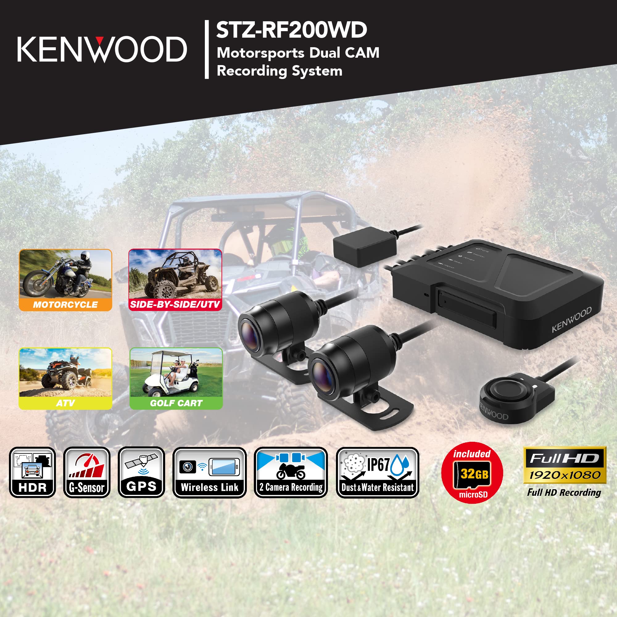 Kenwood Stz Rf200Wd Motorsports Front Two Camera 1080P Dual Dash Action Camera System   Wifi, Gps, G Sensor Loop, 32Gb Card   Pe
