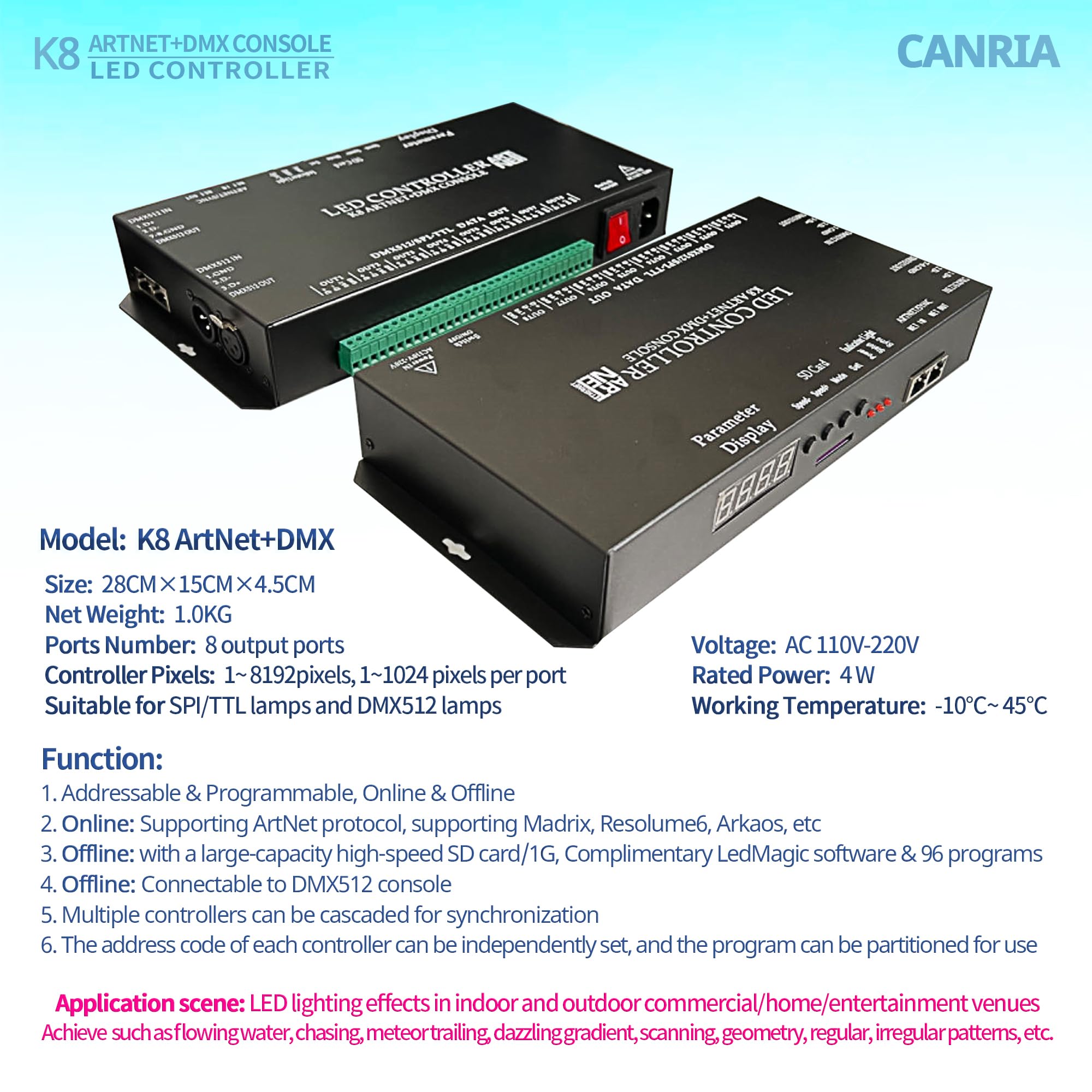 Canria K8 Artnet+Dmx Console Led Controller, Suitable For Spi And Dmx512 Led Light, Online Offline, Addressable Programmable, 1G