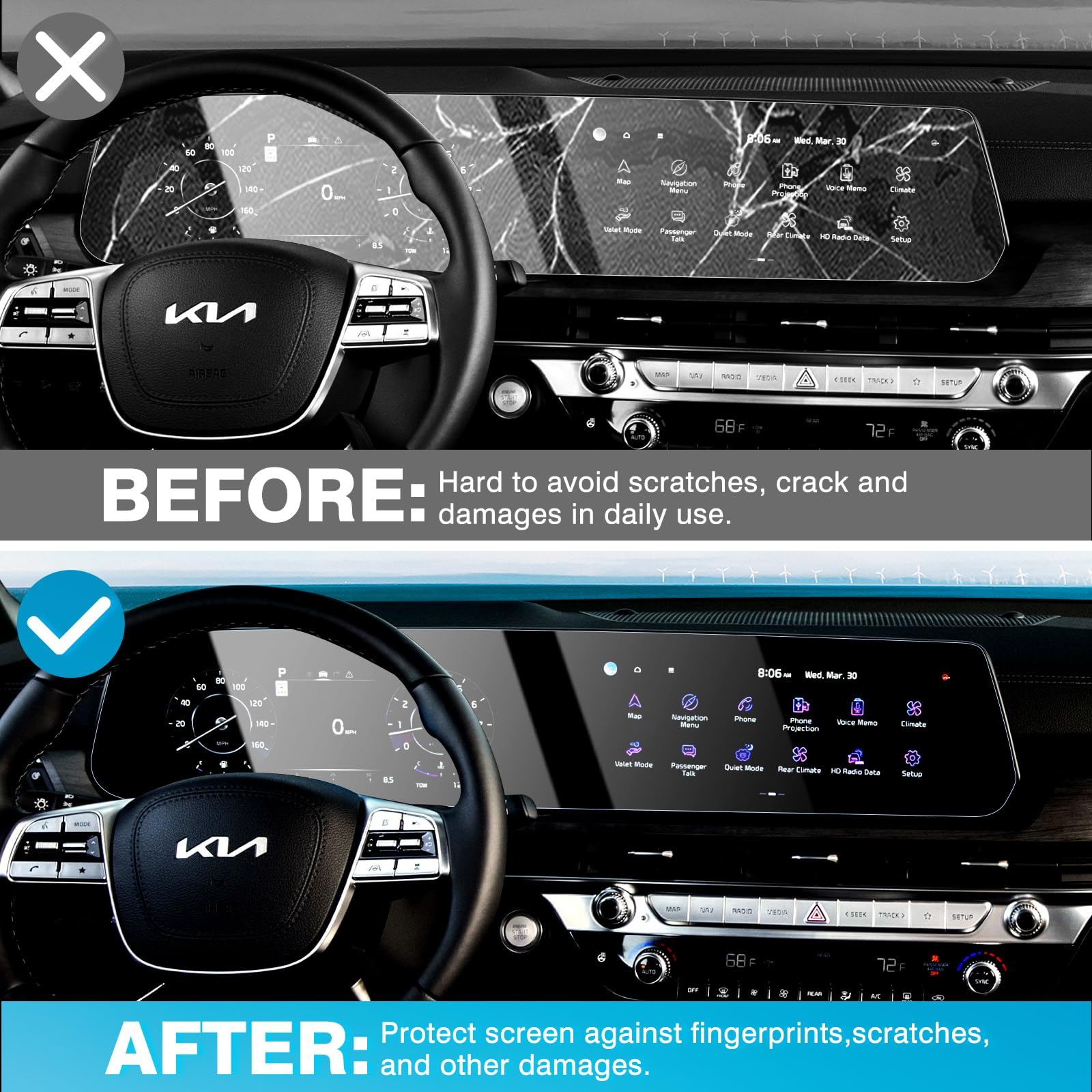 Karltys 2 Pack 2025 Telluride Screen Protector For Kia Telluride 2023 2024 2025 Dual 12.3 Inch Screen, 9H Touchscreen Tempered Glass & Instrument Cluster Screen Cover For 2025 Telluride Accessories