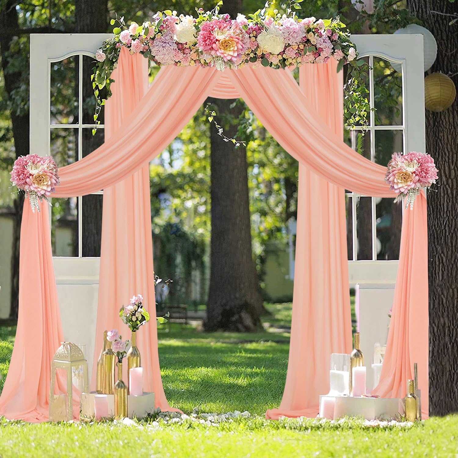 Fuhsy Wedding Arch Draping Fabric Peach Pink Chiffon Fabric Drapes 20Ft 1 Panel Sheer Curtains Wedding Arch Backdrop For Party C