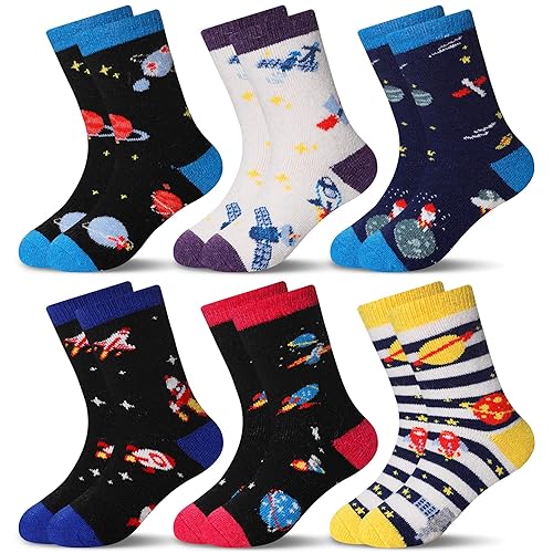 Eocom 6 Pairs Childrens Winter Warm Wool Socks Kids Toddlers Boys Girls Thermal Thick Boot Cozy Crew Socks (4 7 Years, Space)