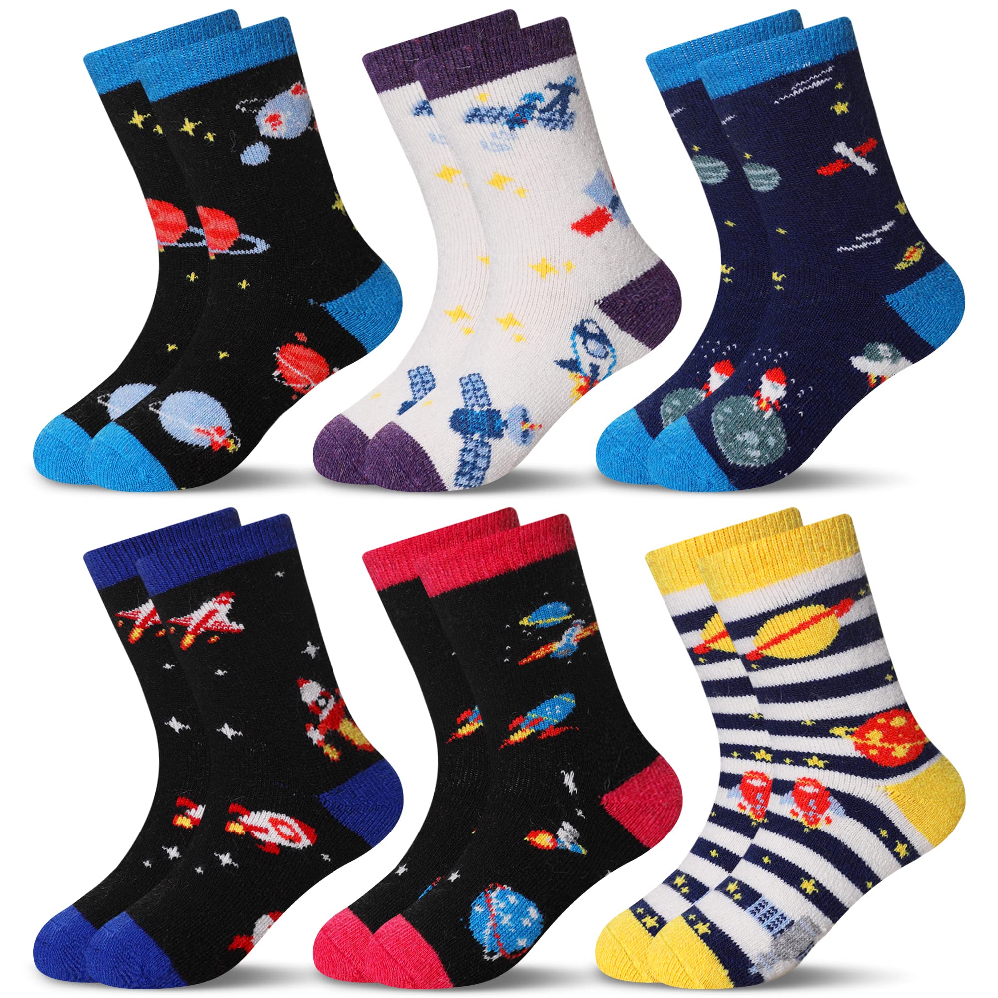 Eocom 6 Pairs Childrens Winter Warm Wool Socks Kids Toddlers Boys Girls Thermal Thick Boot Cozy Crew Socks (4 7 Years, Space)