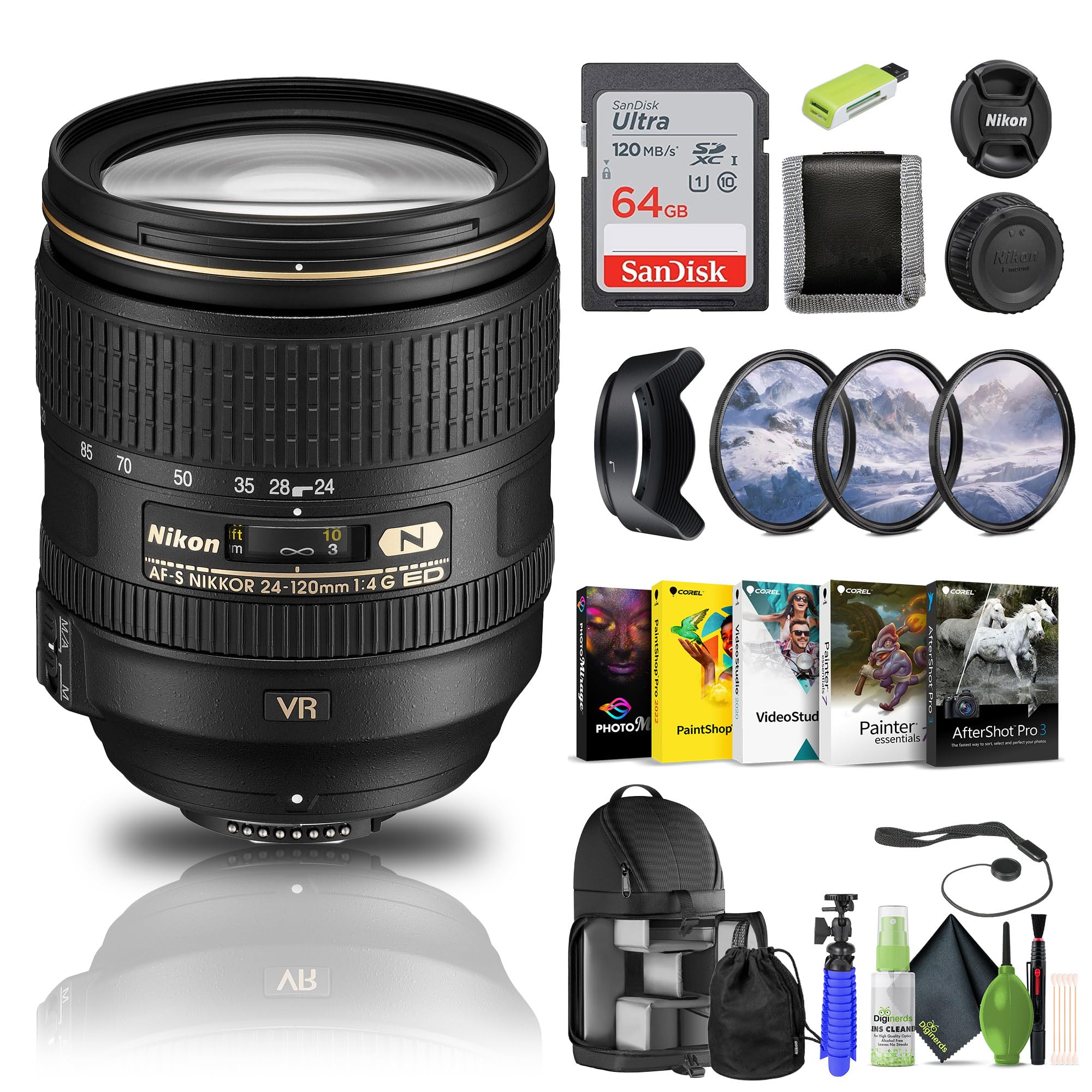 Nikon AF-S NIKKOR 24-120mm f/4G ED VR Lens (2193) + 64GB Memory Card + Filter Kit + Backpack + Card Reader + Corel Photo Softwar