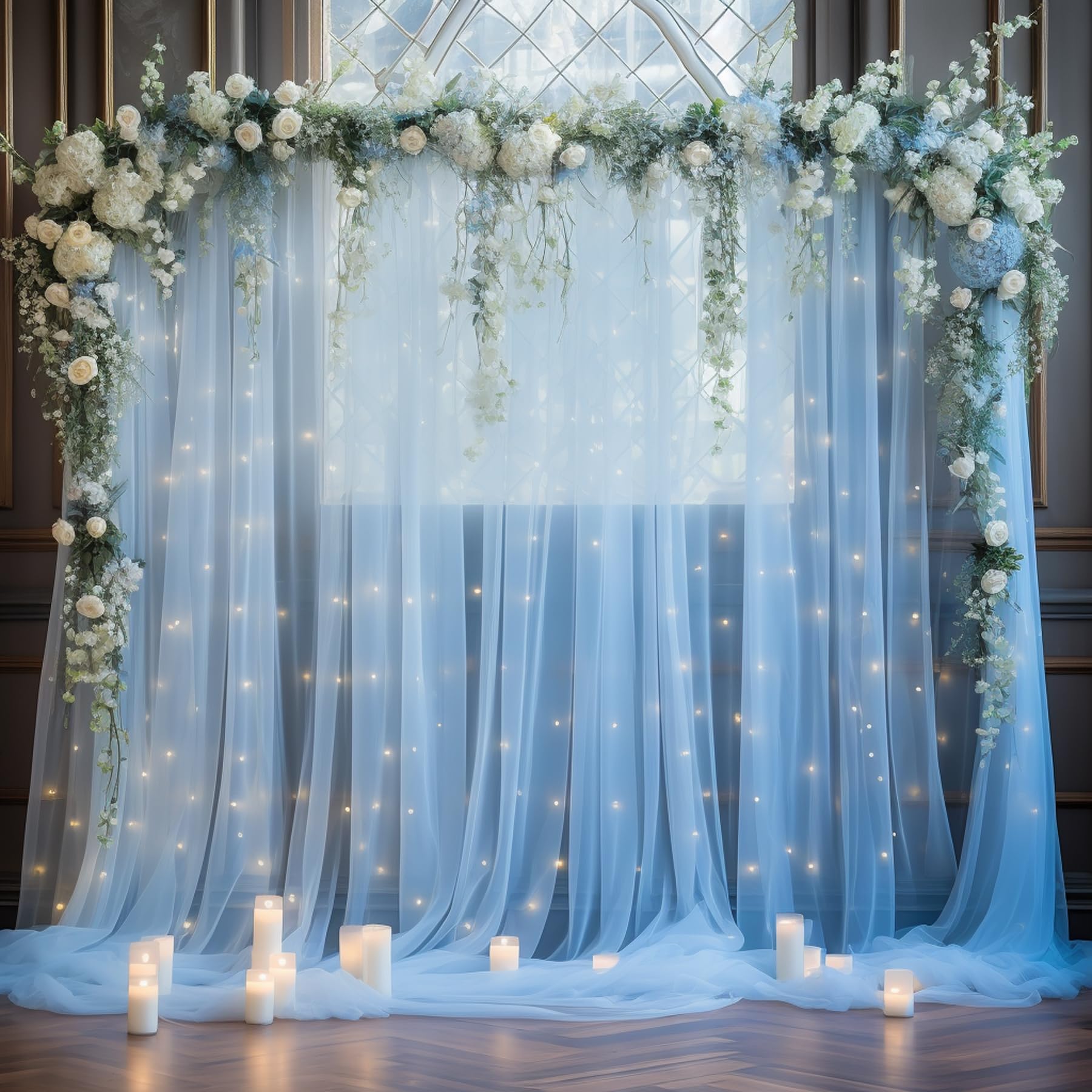 20X10Ft Baby Blue Tulle Backdrop Curtain With Lights String For Parites, Sheer Backdrop Curtains For Wedding Baby Shower Birthda