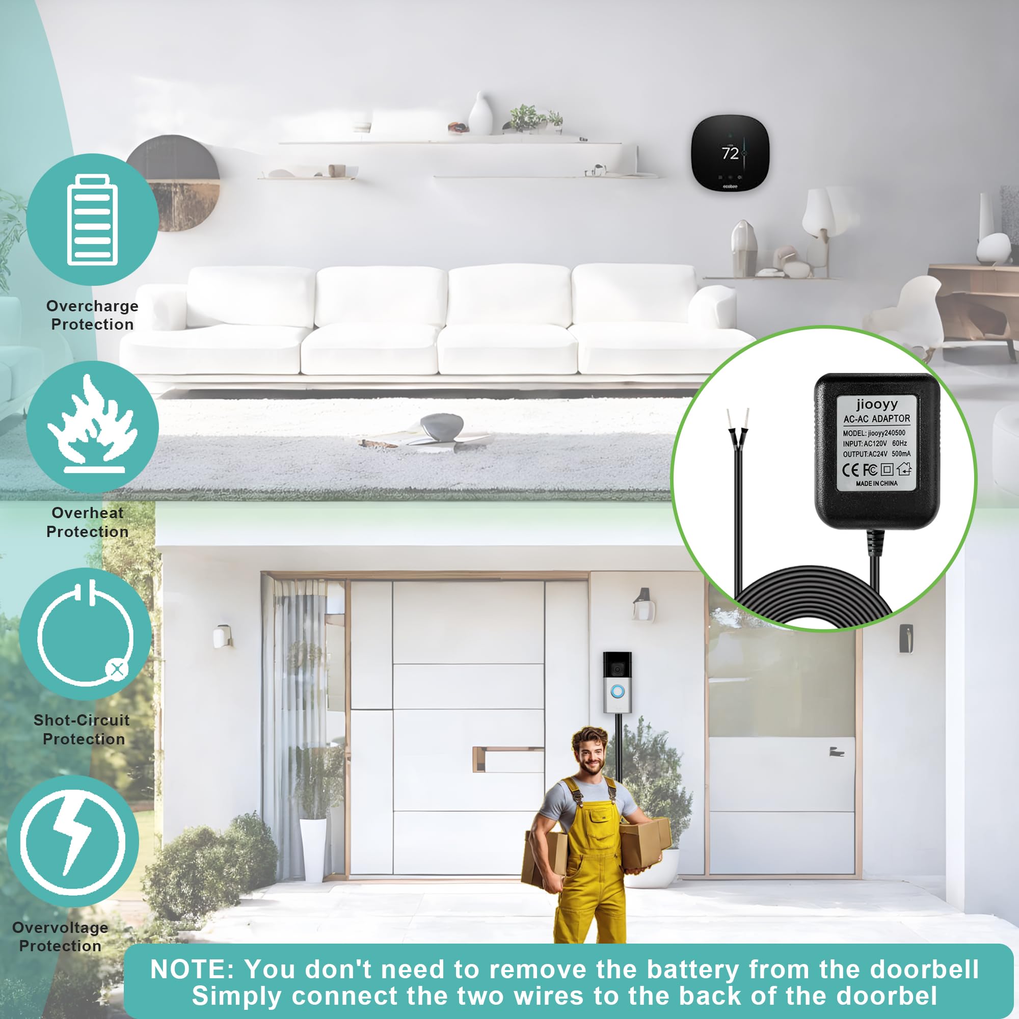 Jiooyy 24 Volt Doorbell Power Adapter   16.4Ft Long C Wire Adapter, Doorbell Transformer Fits Ring, Nest Hello, Wyze, Eufy Video