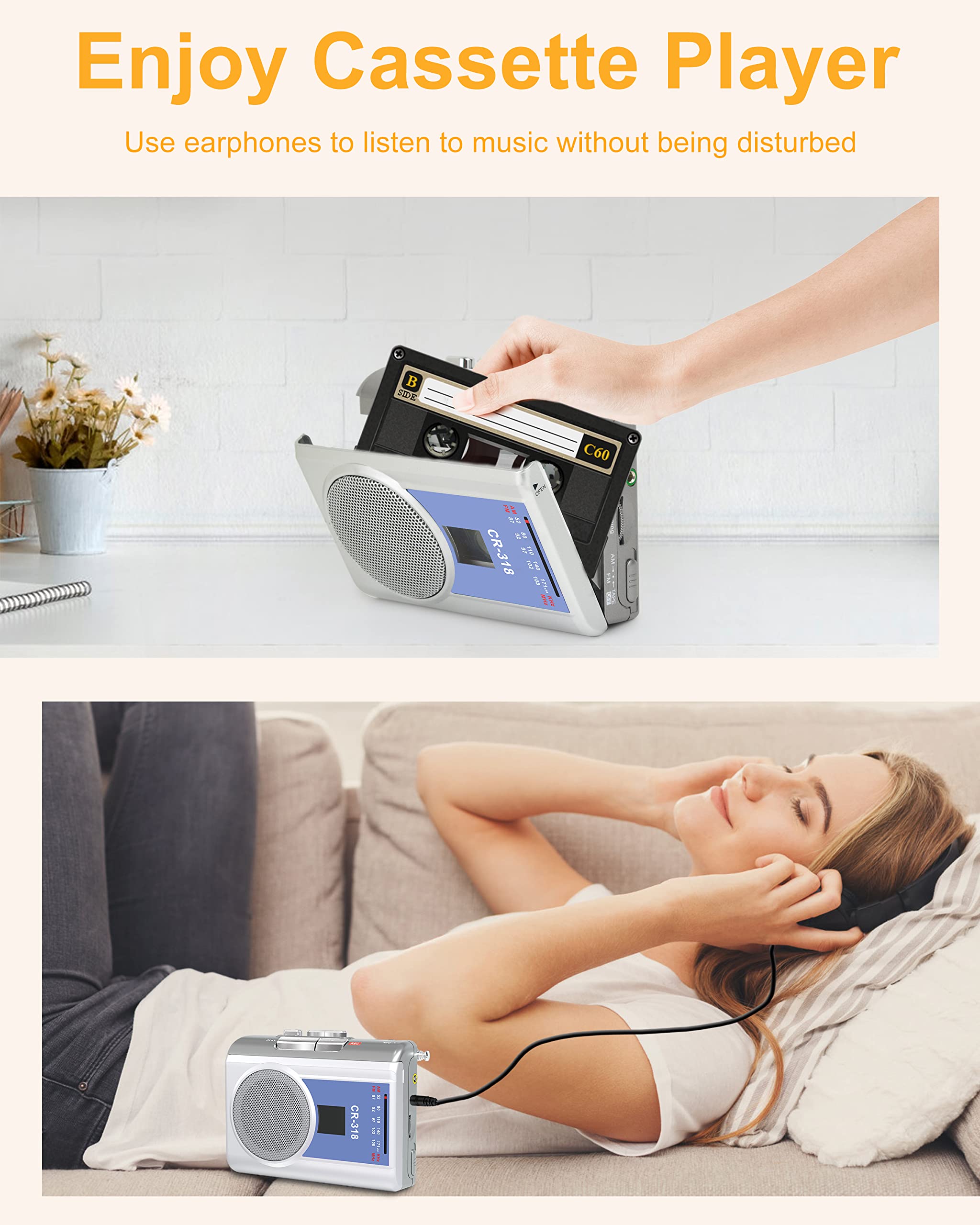 Jazmm Portable Blue Walkman Cassette Player with AM FM, Recorder, Built-in Microphone & Speaker - Ideal for Walking & Jogging