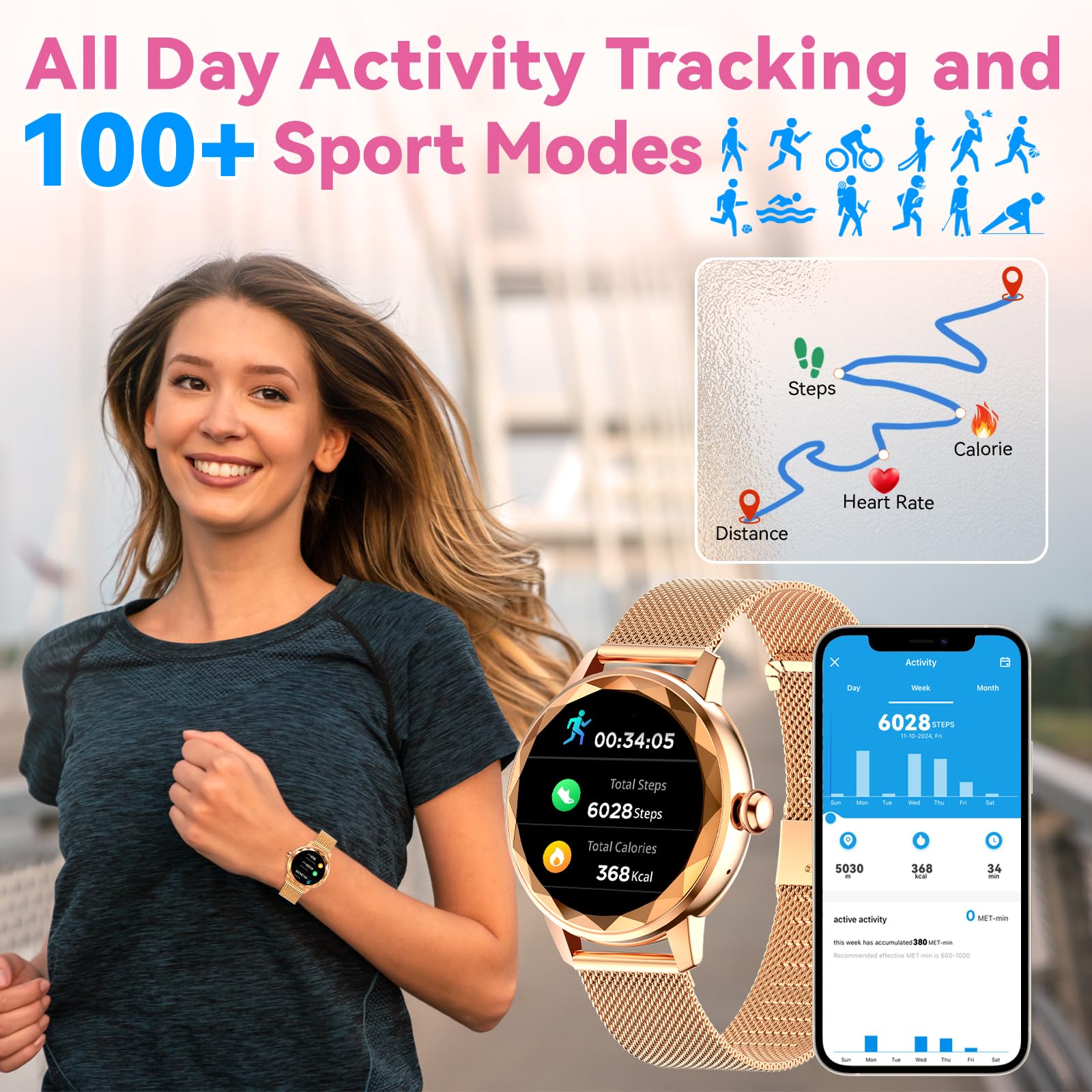 Smart Watch For Women With Make/Answer Call, 1.2  Adjustable Fitness Watch With Heart Rate Sleep Monitor Female Cycle And 100+ S