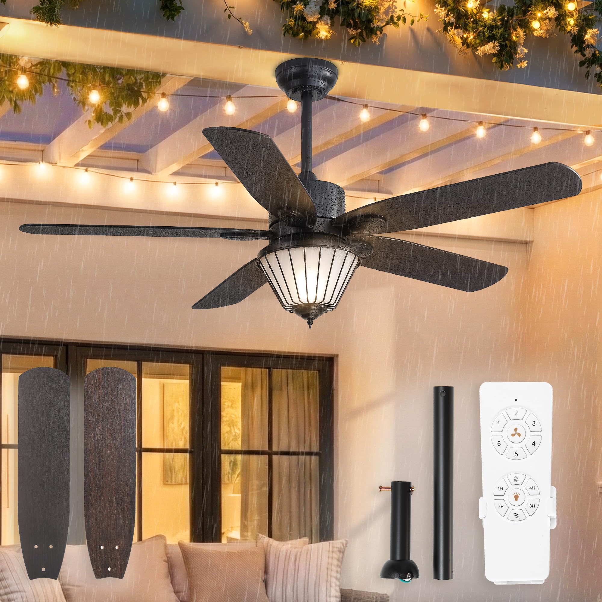 52 Inch Waterproof Outdoor Ceiling Fan with Lights, IP65 Waterproof, Remote Control, 6-Speed Quiet DC Motor, 5 Dual Finish Blade