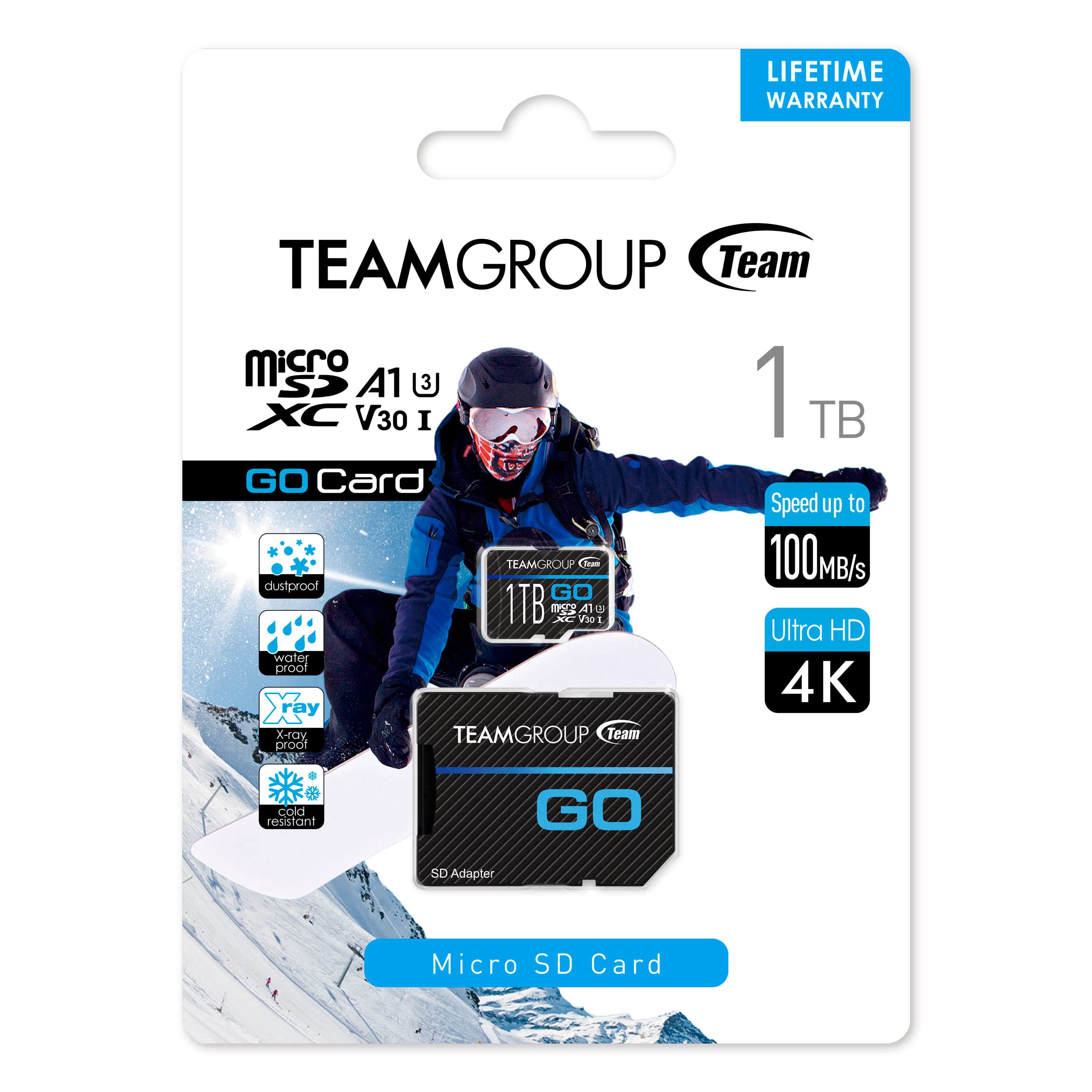 Teamgroup Go Card 1Tb Micro Sdxc Uhs I U3 V30 4K R/W Up To 100/90 Mb/S For Gopro Action Cameras High Speed Flash Memory Card W/Adapter For Outdoor Sports 4K Shooting Gopro Insta360 Tgusdx1Tu303
