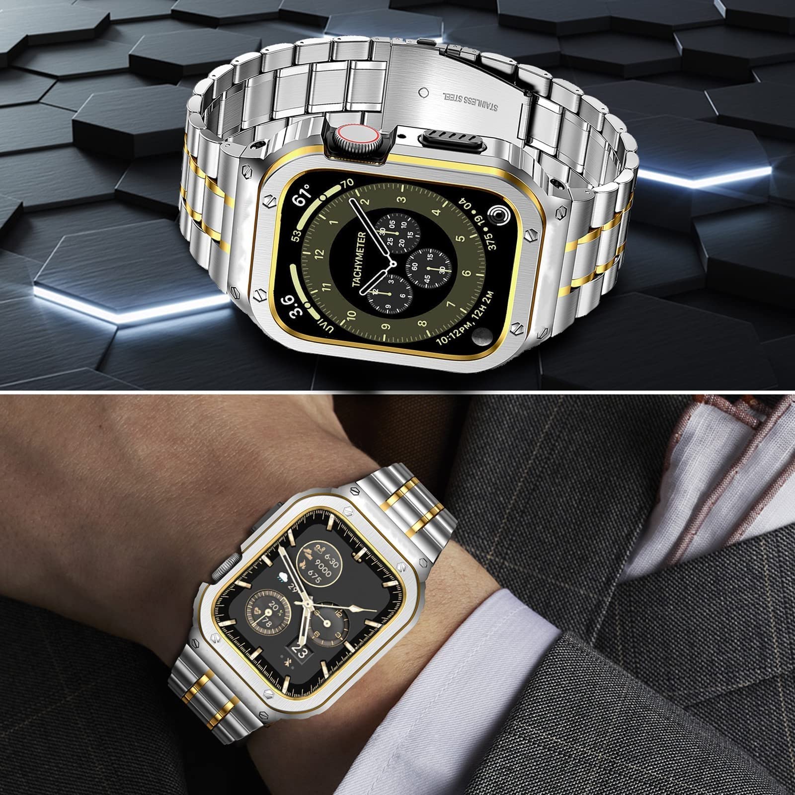 Miohhr Stainless Steel Watch Band With Case Compatible With Apple Watch Series 9/8/7(45Mm),Rugged Strap With Metal Protective Bu