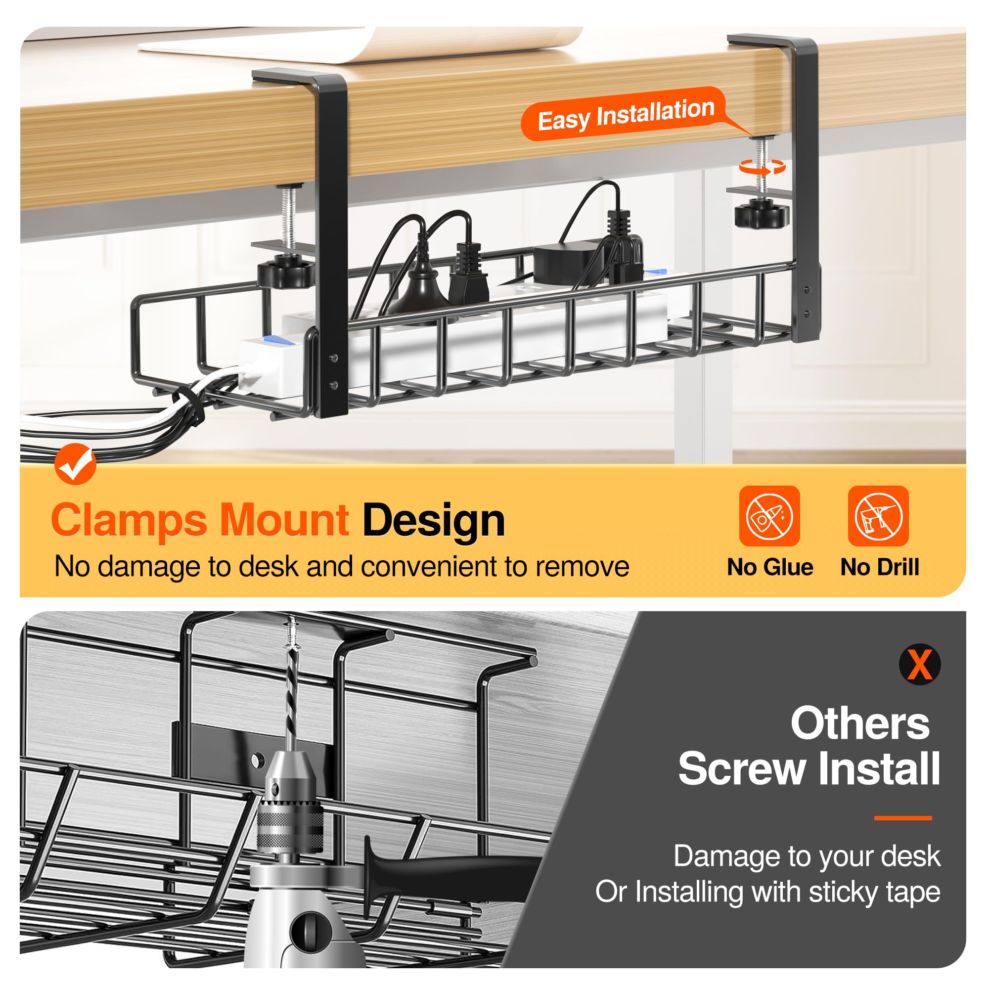 Under Desk Cable Management Tray 1 Pack, Xpatee Wire Management No Drill, Cable Tray With Clamp For Desk Wire Management, Comput