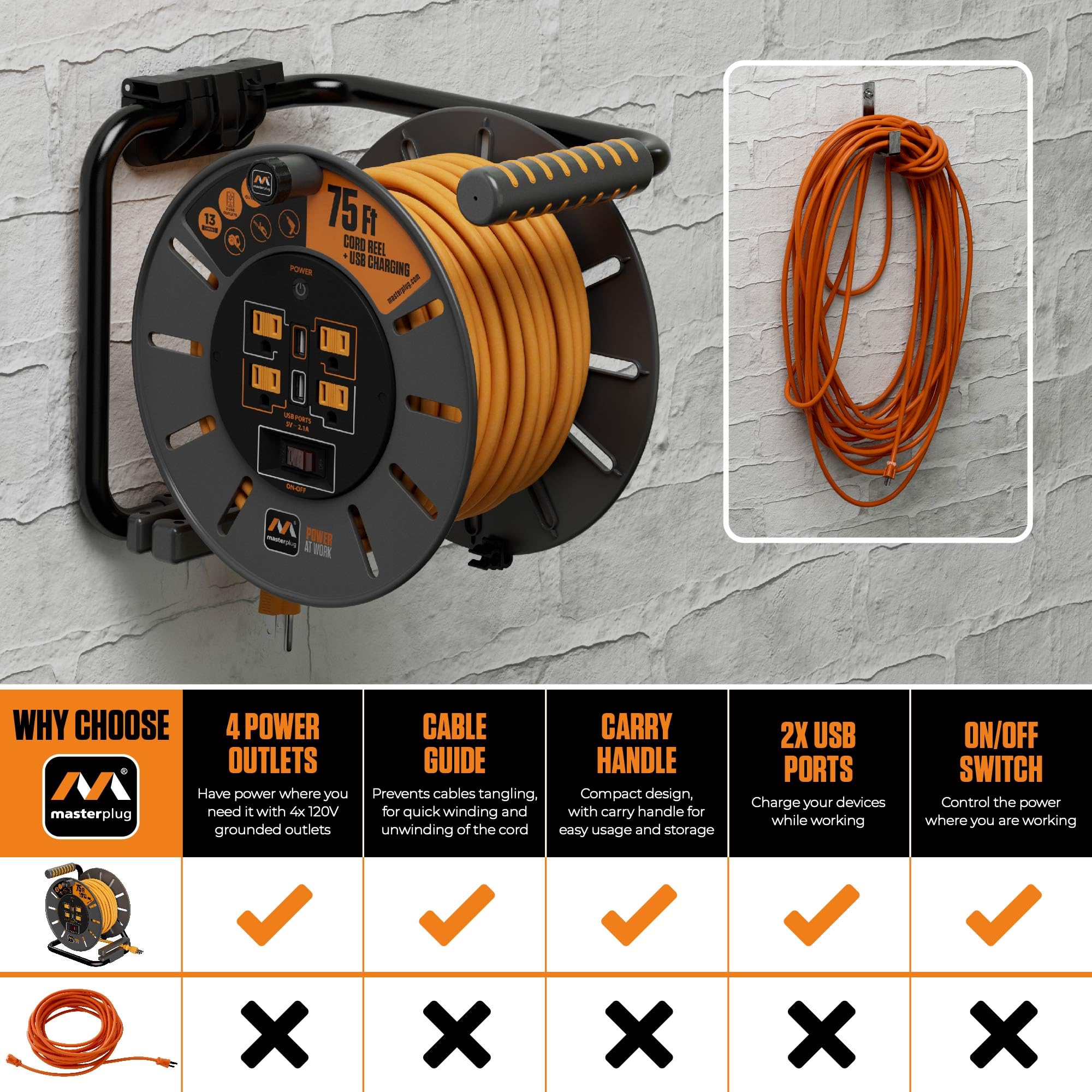 Masterplug 75Ft Cord Reel, Retractable Extension Lead With Winding Handle, Safety Overload Circuit Breaker And Power Switch, 4X