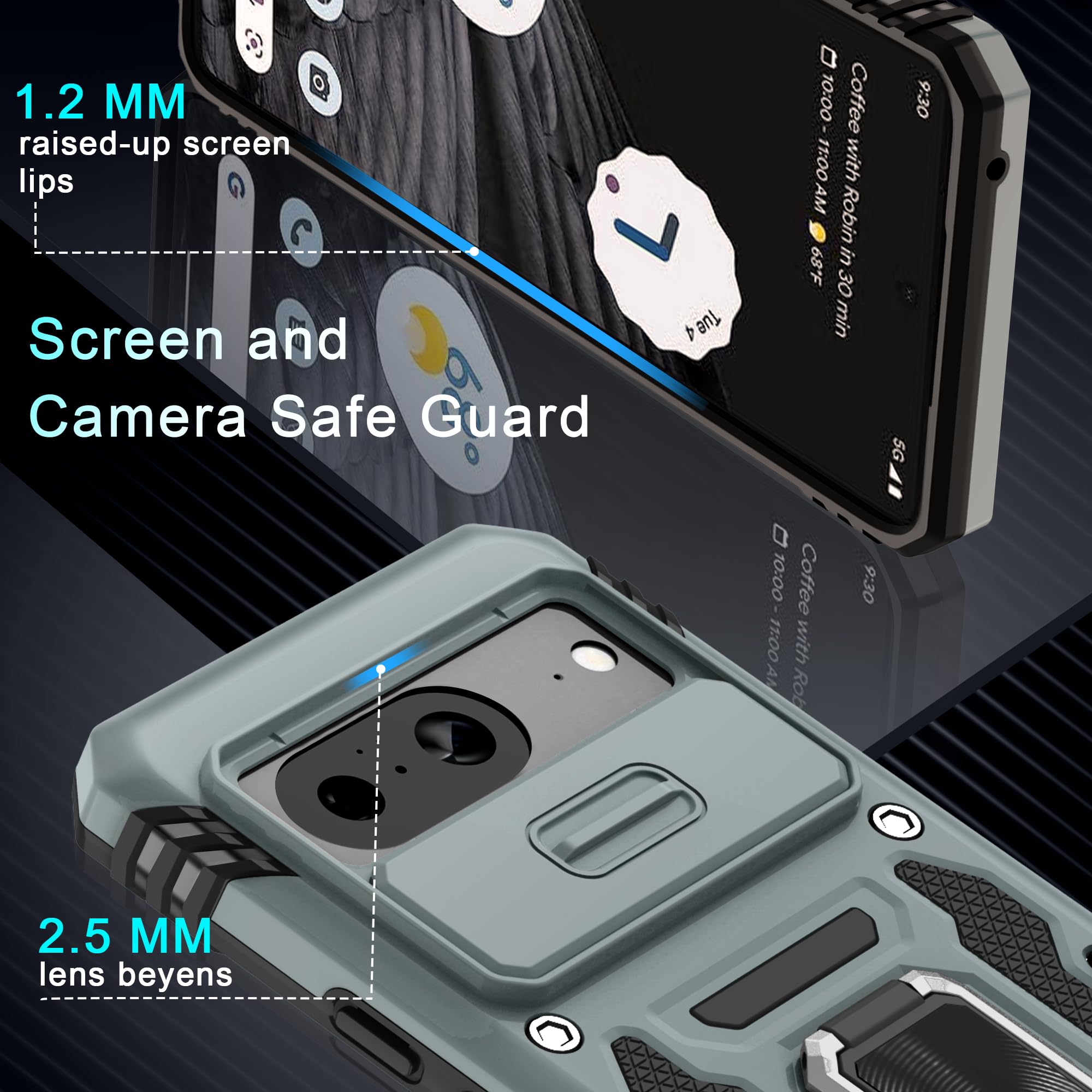 Deerlamn Case For Google Pixel 8 With Slide Camera Cover+Screen Protector (1 Pack), Rotated Ring Kickstand Military Grade Shockp
