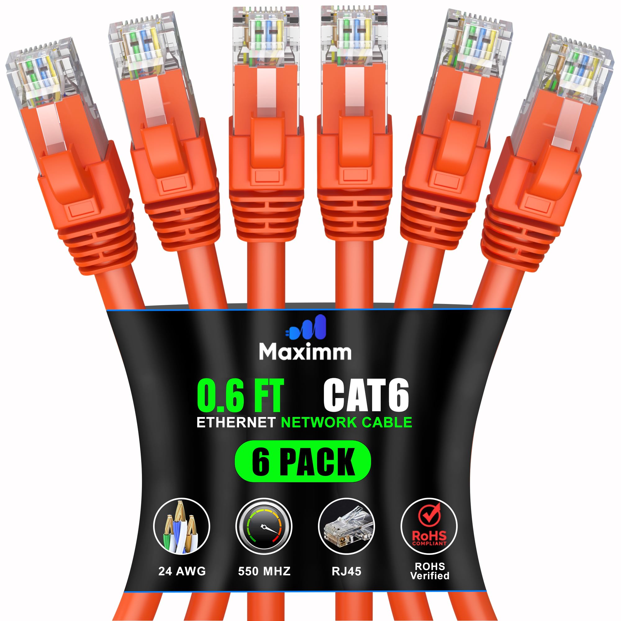 Maximm Cat 6 Ethernet Cable 0.6 Ft (6 Pack)   High Speed Lan Cable, Internet Cable, Patch Cable, And Network Cable   Utp, 10Gbps, 550Mhz Ethernet Cord   Orange