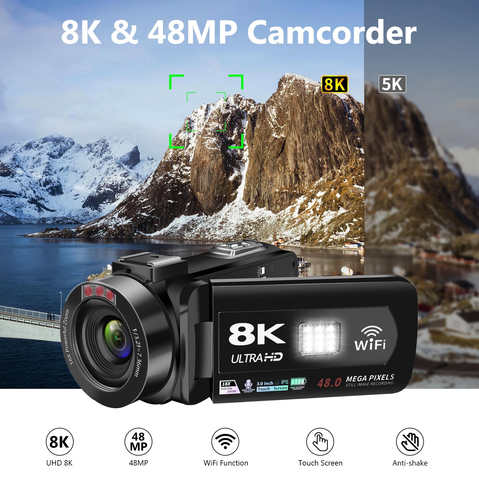 Video Camera 8K Camcorder 48Mp Uhd Wifi Ir Night Vision Vlogging Camera For Youtube, 18X Digital Zoom 3.0� Lcd Screen Digital Camera With Microphone, 32G Sd Card, Remote Control And 2 Batteries