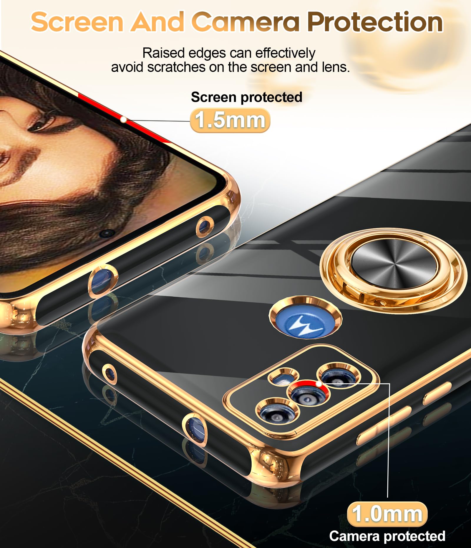 Leyi For Moto G Play 2023 Phone Case: With Tempered Glass Screen Protector [2 Pack] 360 Rotatable Ring Holder Magnetic Kickstand