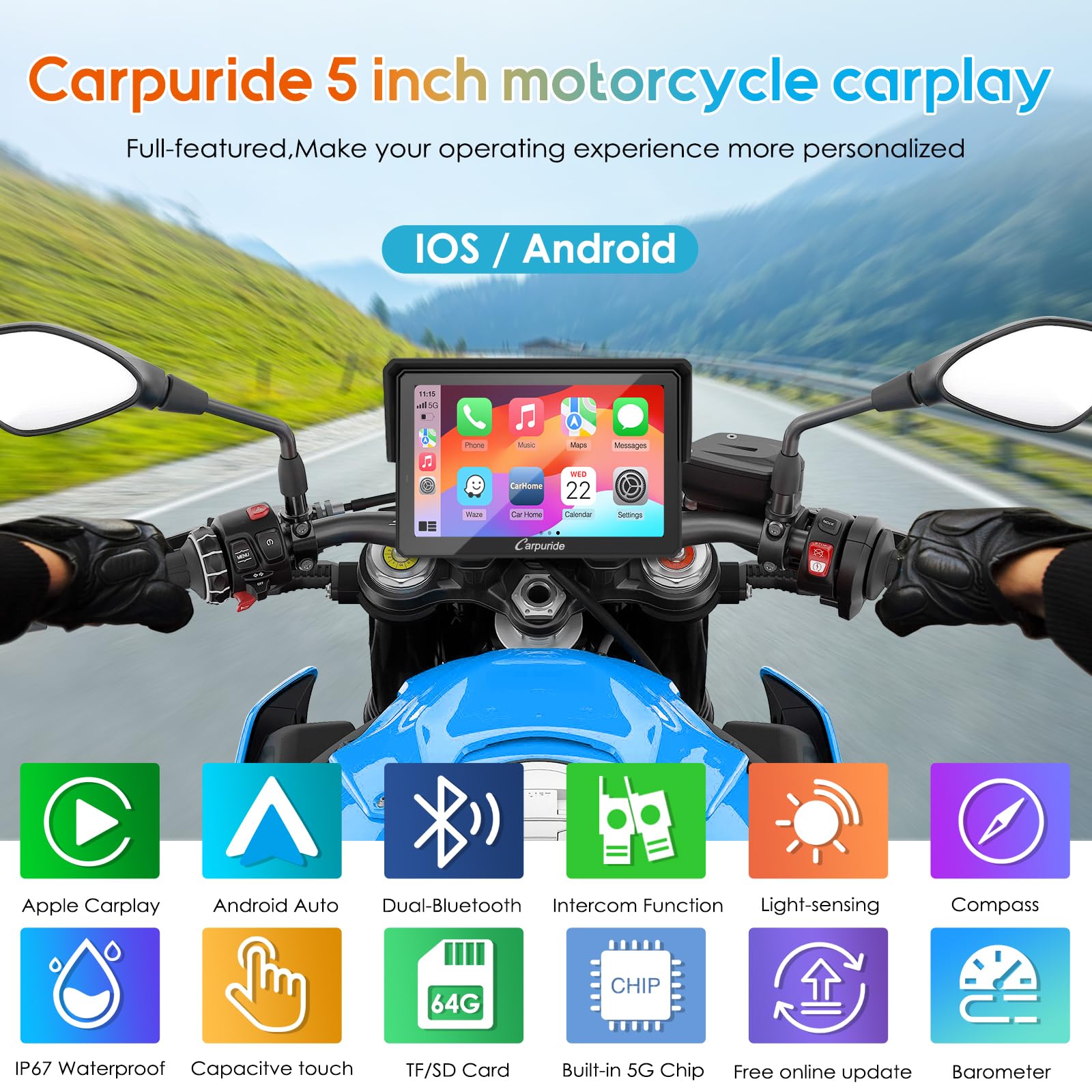 Carpuride W502Pro For Motorcycle Carplay& Android Auto& Dual Bluetooth - 5'' Waterproof Gps Navigation Screen For Motorbike, Mus