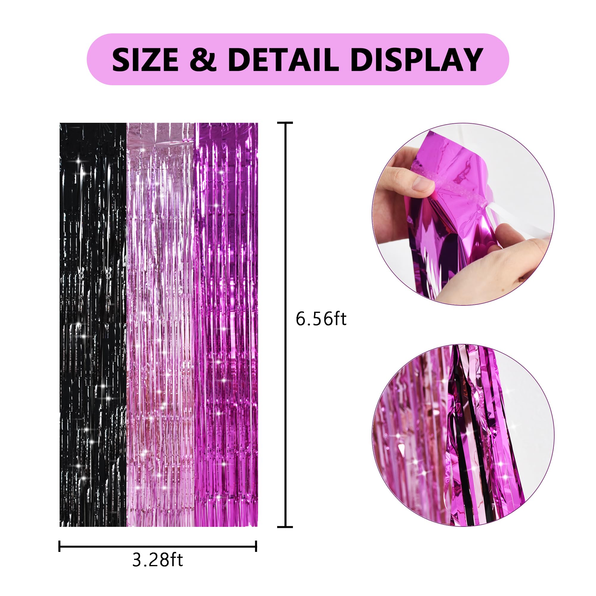 Toniful Black Pink Hot Pink Door Streamers,Black And Pink Photo Booth Backdrop Metallic Streamers Foil Fringe Curtain For Birthd