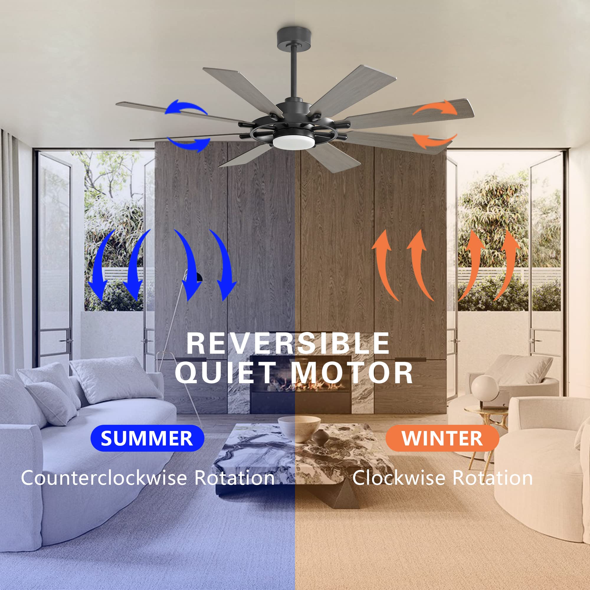 80'' Ceiling Fan With Lights And Remote Control, Wood 8 Blades 6 Speed Noiseless Reversible Dc Motor, 3 Downrods, Modern Indoor/