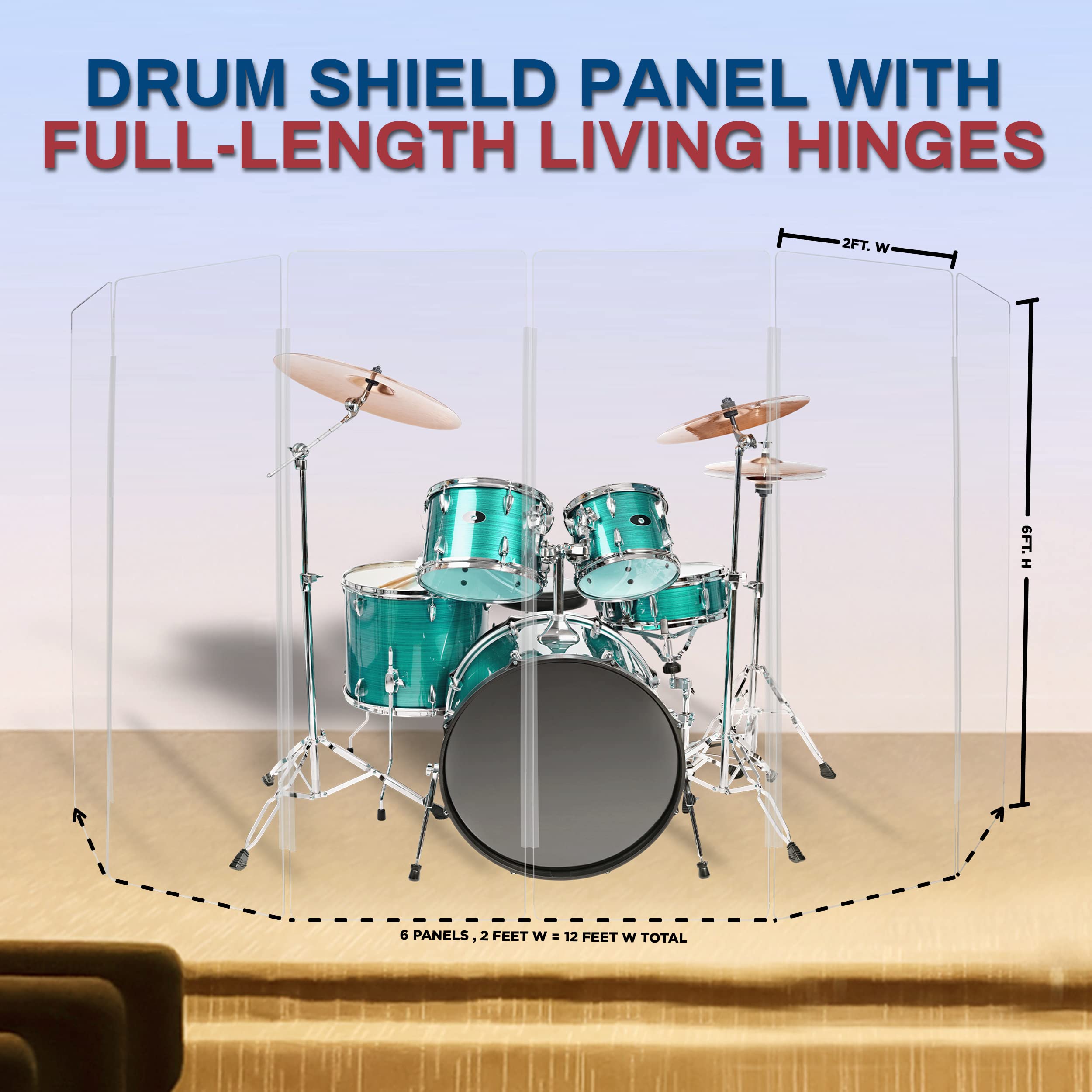 Pennzoni Drum Shield 6Ft W/Plastic Hinges, Comes W/ 6 Drum Panels, & Plastic Hinges, Premium Clear Acrylic Panels, Drum Screen