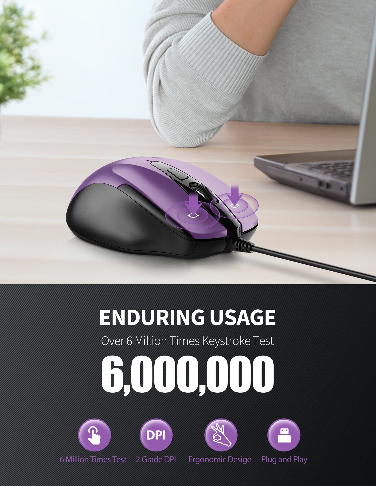 Tecknet Usb Wired Mouse, 6 Button Corded Mouse With 4 Adjustable Dpi, Optical Computer Mouse With Ergonomic Design And 5Ft Cord For Laptop, Chromebook, Pc, Desktop, Mac, Notebook Purple