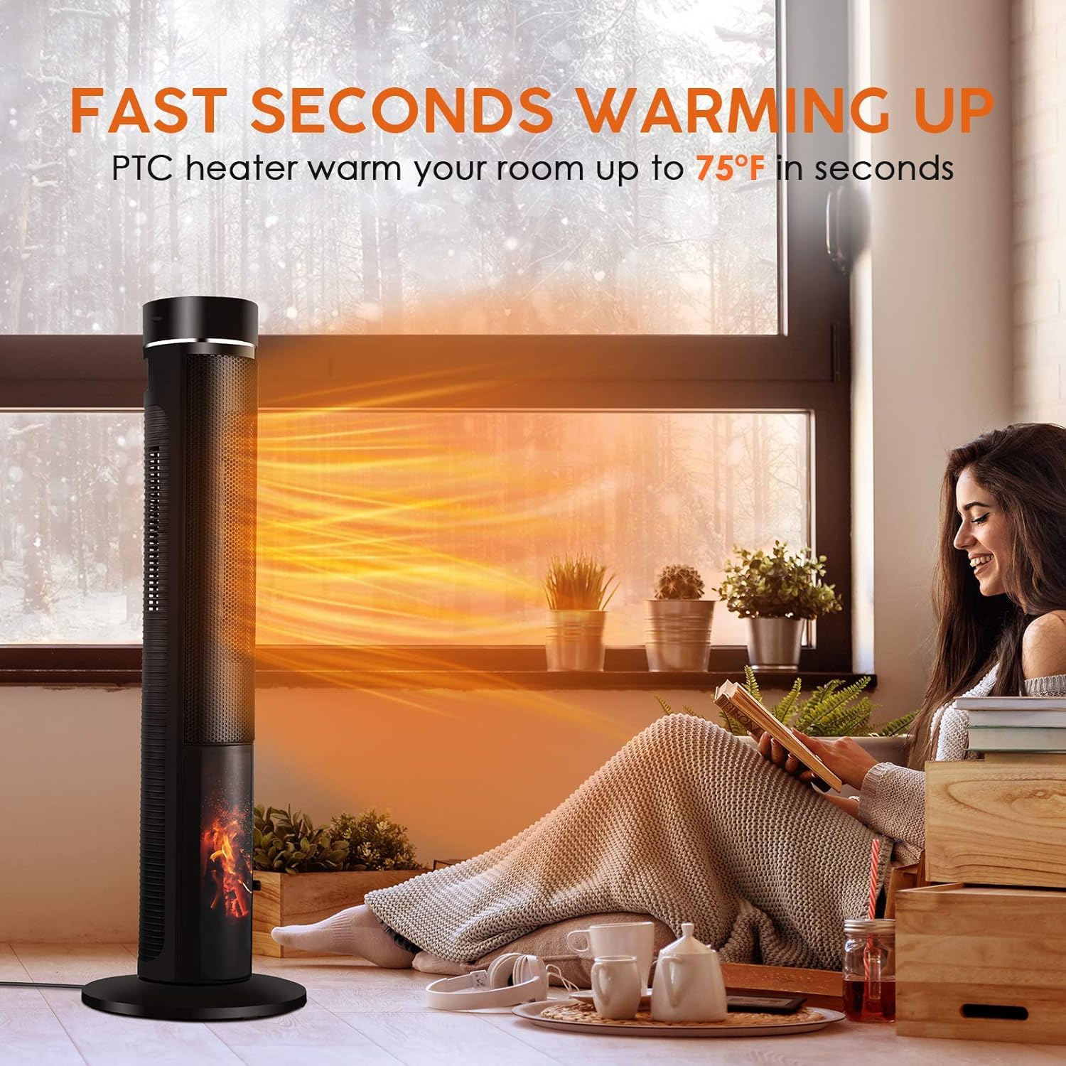 Trustech 36'' Tower Space Heater For Large Room, 1500W Ptc Electric Tower Heater With Adjustable Thermostat, 4 Modes & 3D Flame,