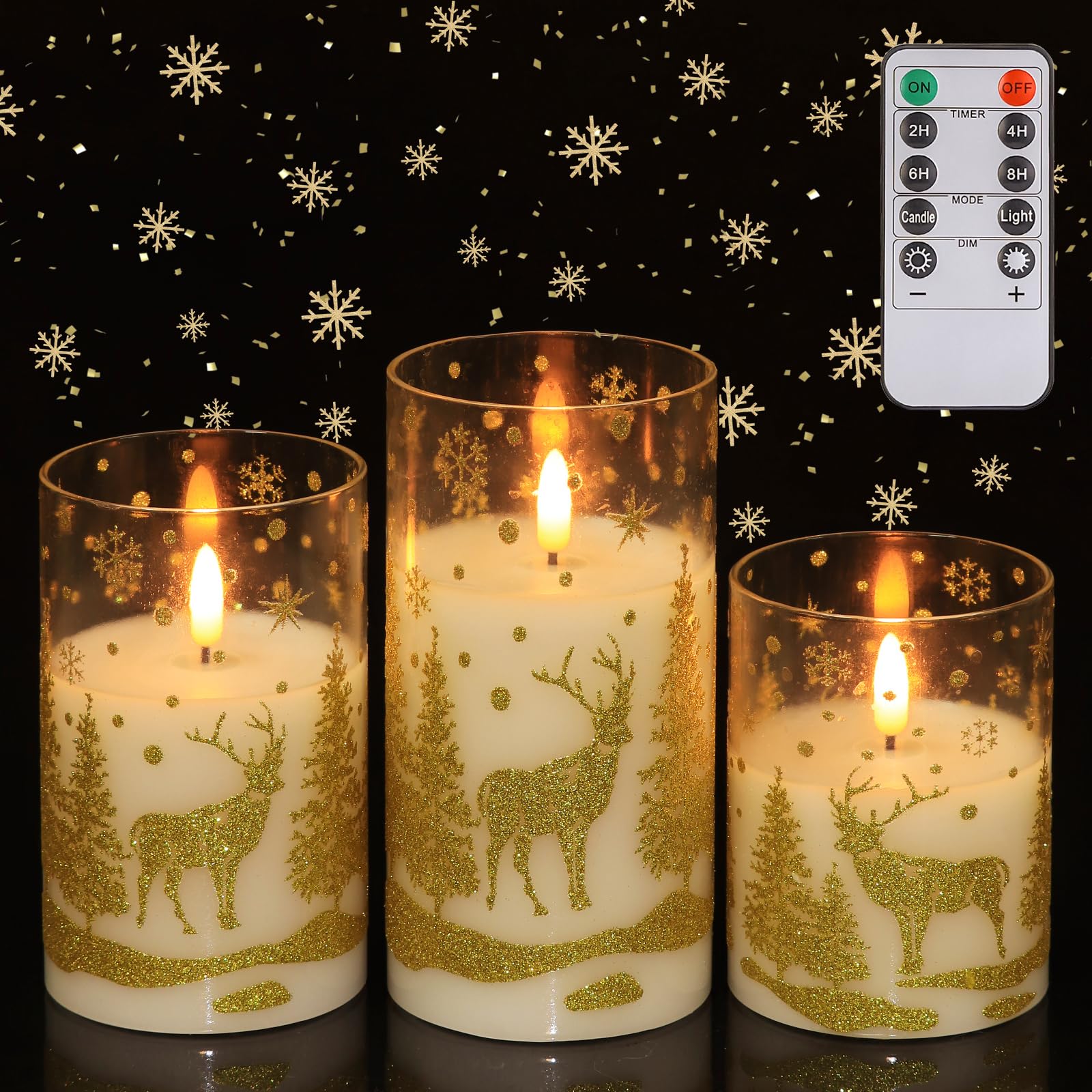 Flameless Candles With Remote, Real Wax Led Candles With Golden Snowflakes, Trees & Deer, Battery Operated Flickering Candles Wi