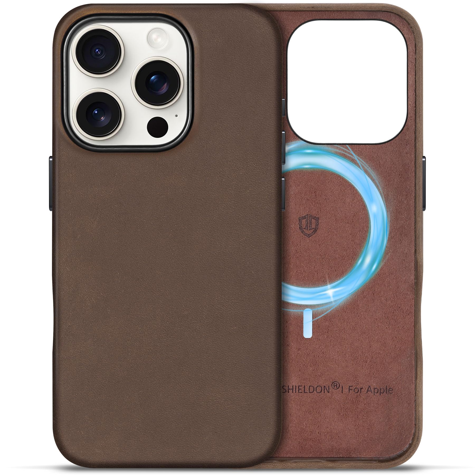 Shieldon Case For Iphone 16 Pro 6.3'', Top Grain Crazy Horse Leather Magnetic Wireless Charging Anti-Scratch Non-Slip Protective