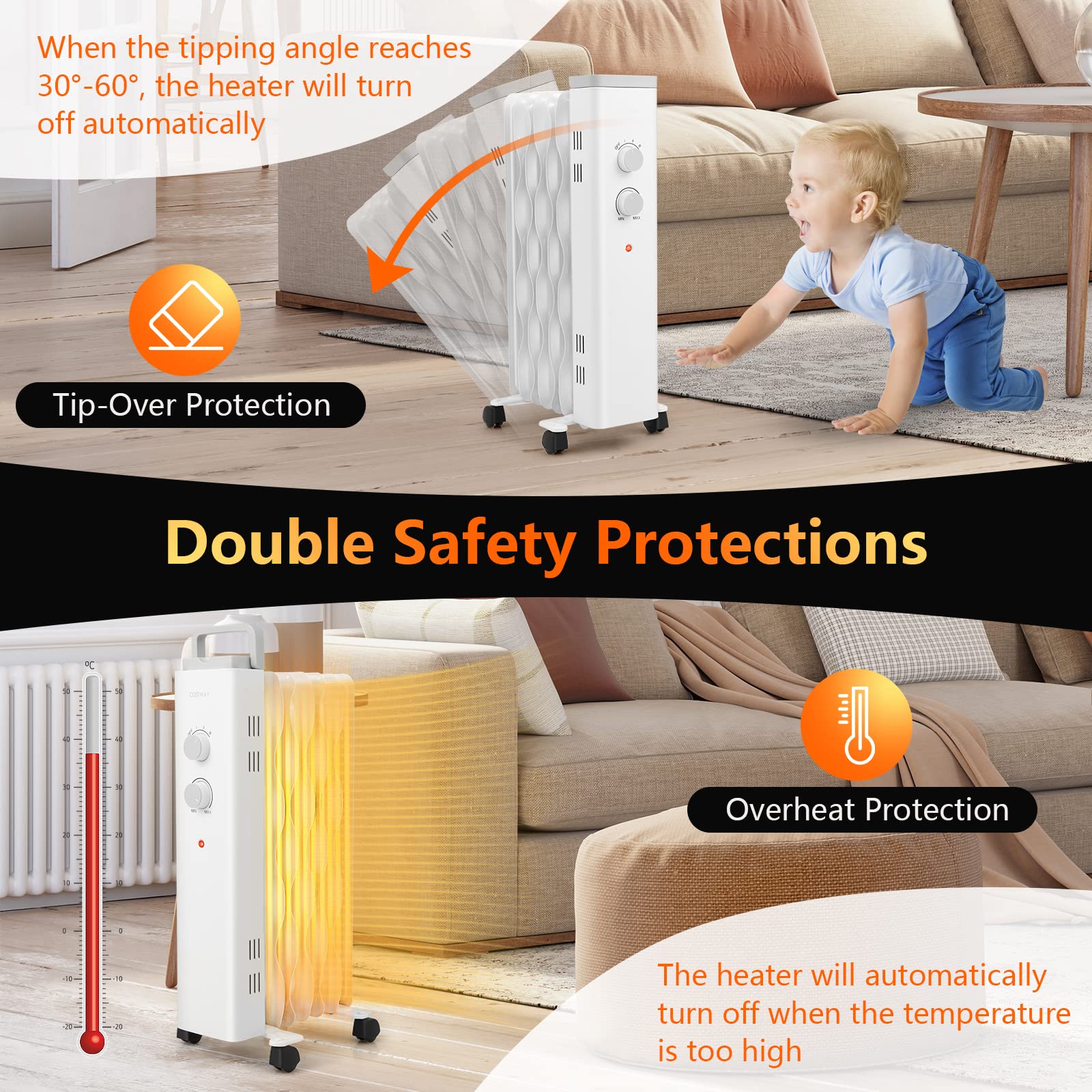 Costway 1500W Oil Filled Radiator Heater, Electric Oil Radiant Heater W/Universal Wheels, 3 Level Heat, Tip Over & Overheat Prot