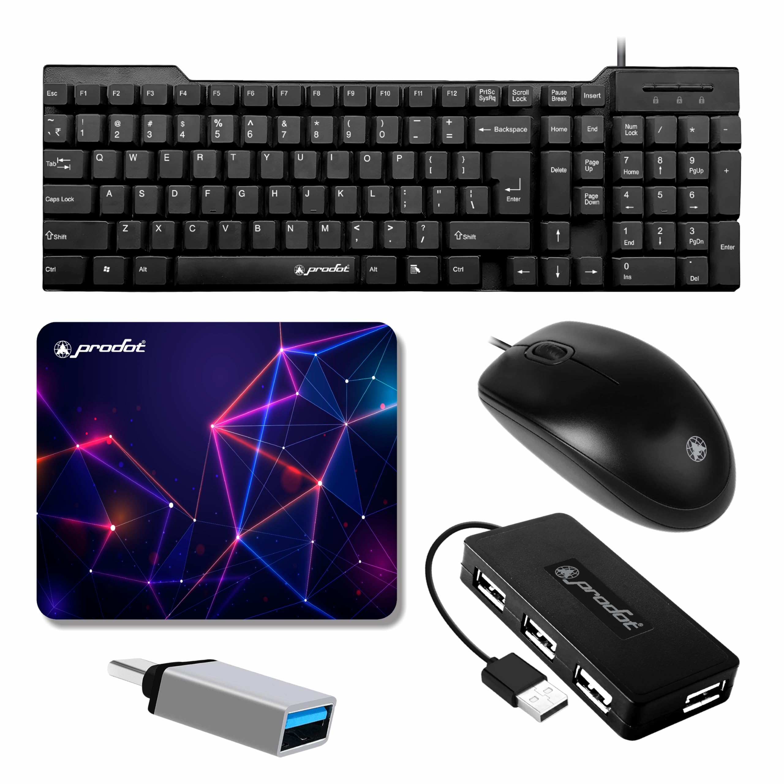 Prodot 5in1 Wired Combo Pack | Wired Keyboard + Comfy Optical Mouse + 4 in1 Port USB Hub + Type C OTG + AntiSlip Mouse Pad | 