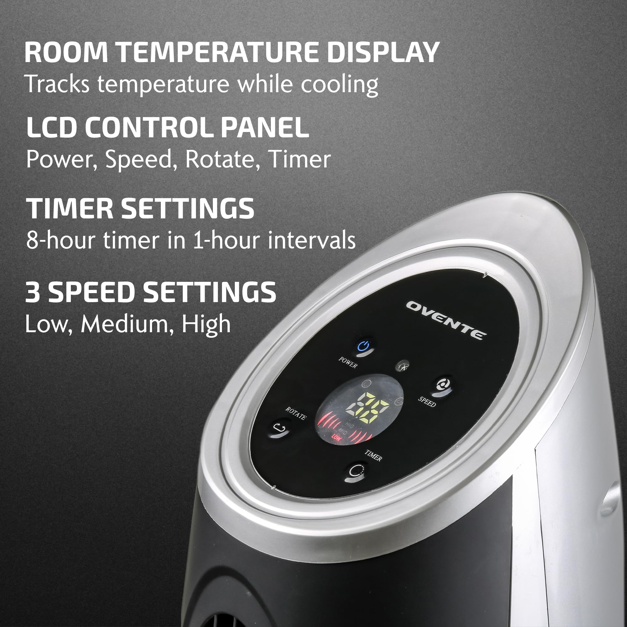 Ovente Oscillating Tower Fan With Remote Control, 3-Speed Lcd Panel & 8H Timer, 30.5 Quiet & Bladeless Indoor Standing Floor Fan