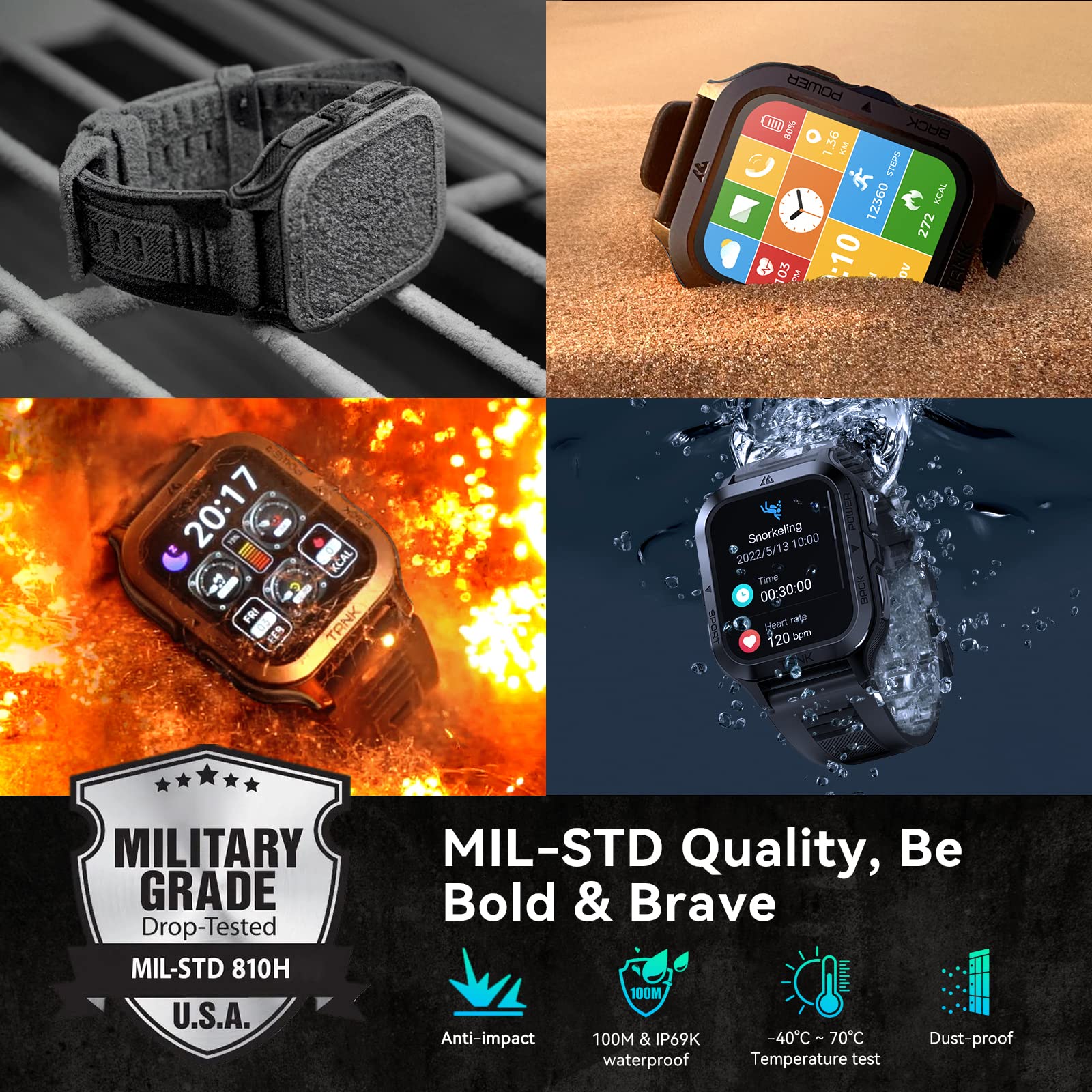 Amaztim Smart Watch, 60 Days Extra-Long Battery, 50M Waterproof, Rugged Military Bluetooth Call(Answer/Dial Calls), 1.85 '' Ultr