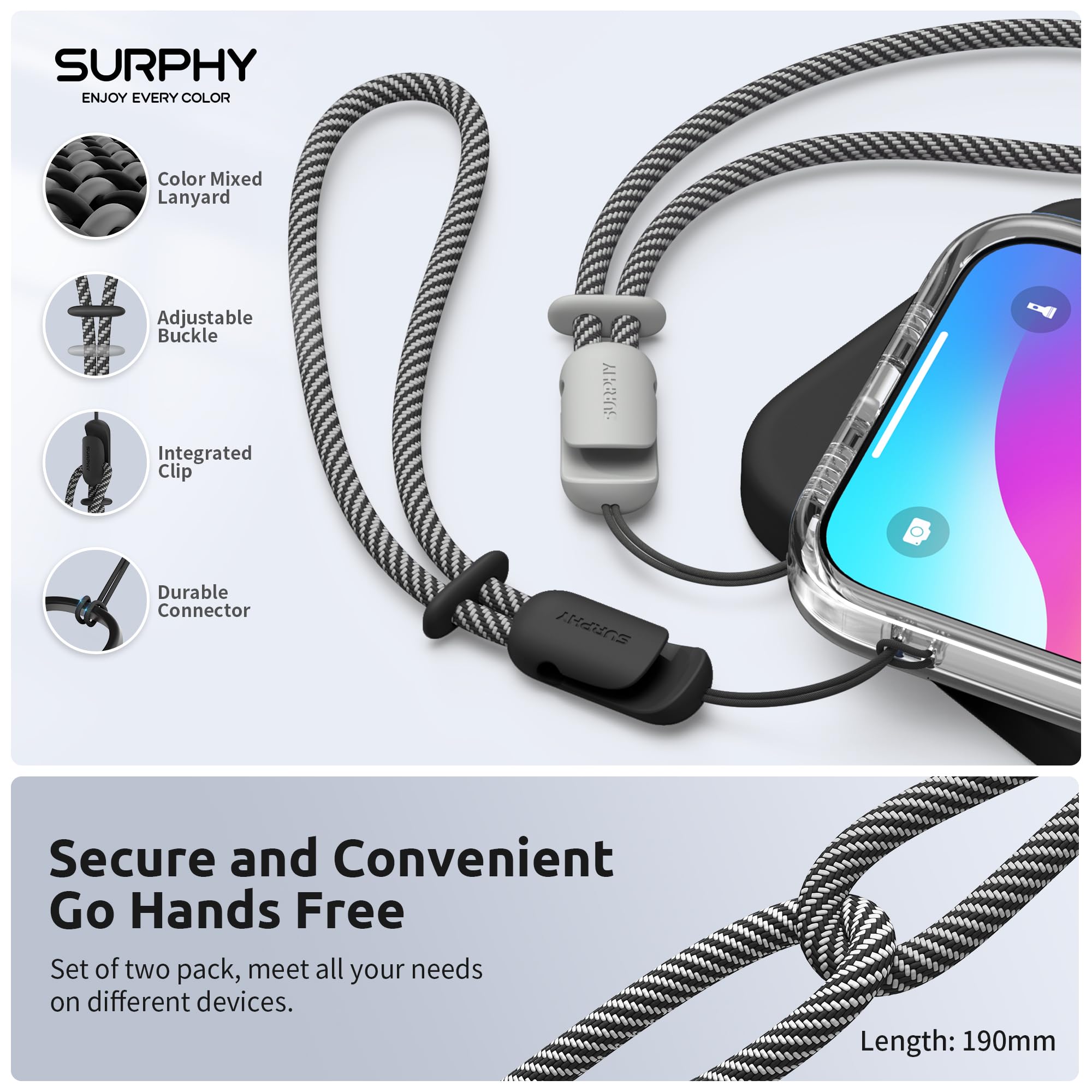 Surphy 2 Pack Lanyard, Phone Strap, Adjustable Phone Lanyard With Two Color Braided, Wrist Strap For Airpods, Camera (Black & Gr