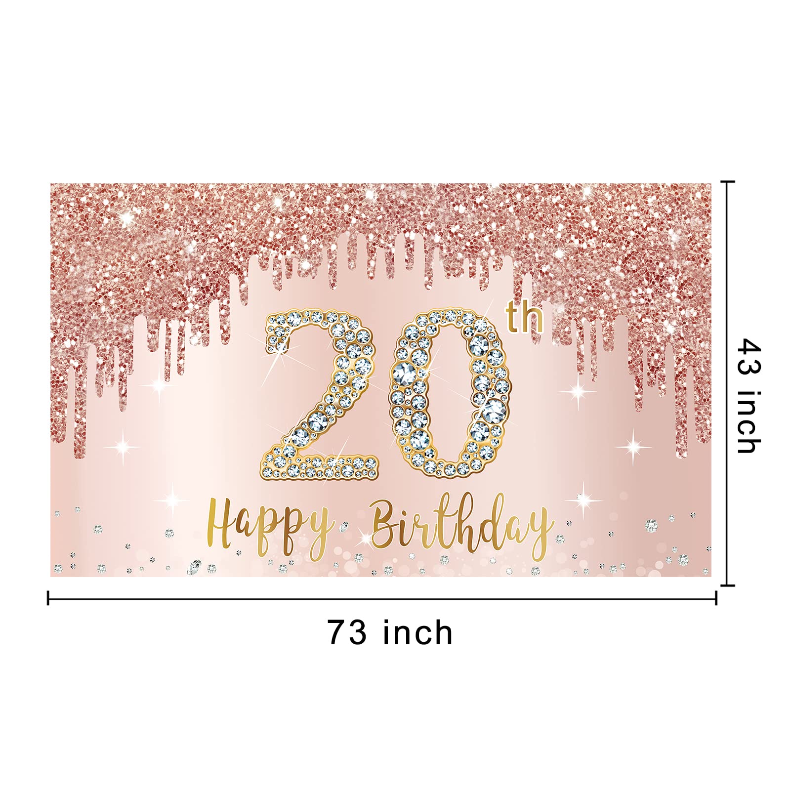 Happy 20Th Birthday Banner Backdrop Decorations For Women Girls, Rose Gold 20 Birthday Sign Party Supplies, Pink 20 Year Old Bir
