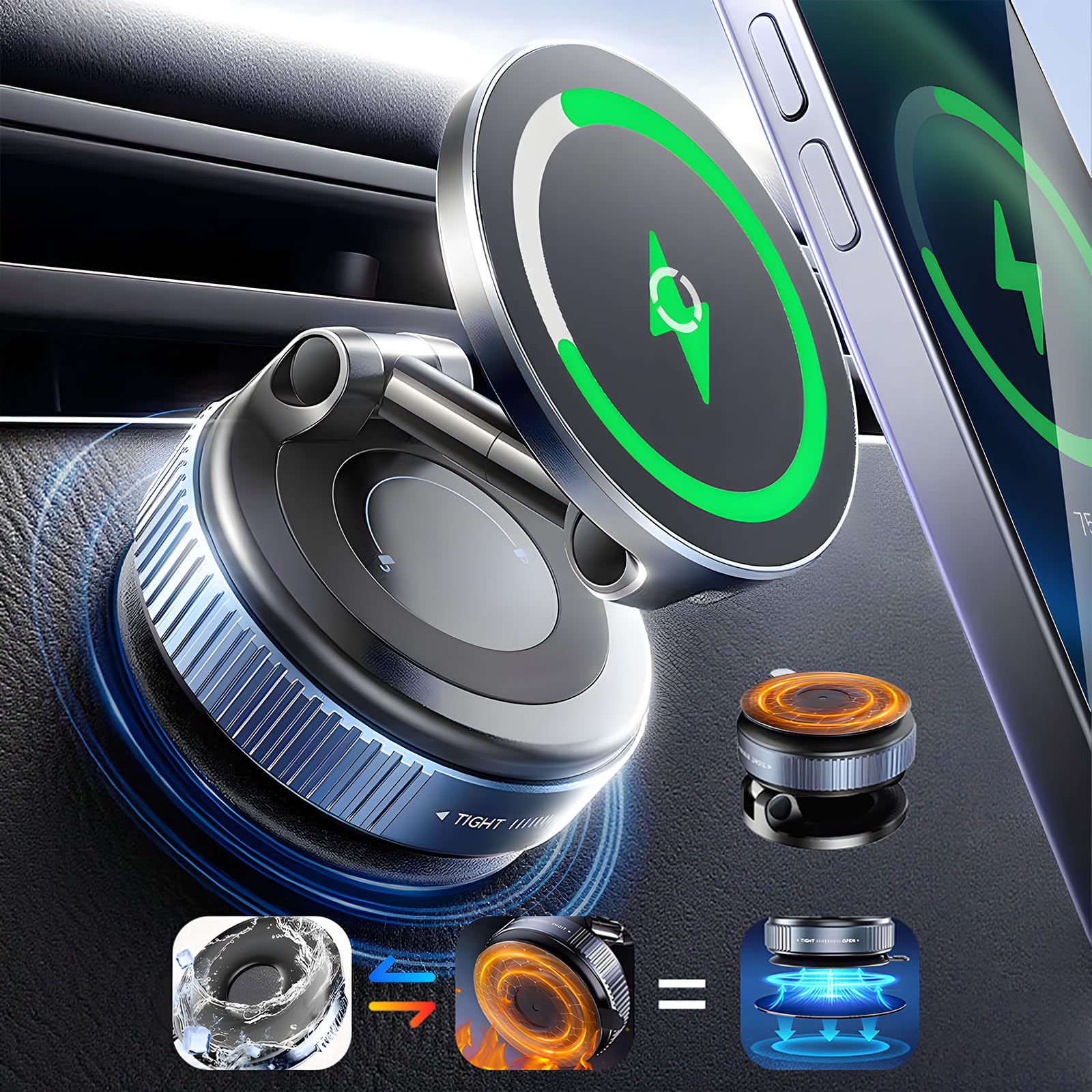 Wireless Charger Car Phone Holder For Magsafe,360Adjustable Vacuum Magnetic Phone Holder Suitable For Non-Smooth Surfaces,Compat