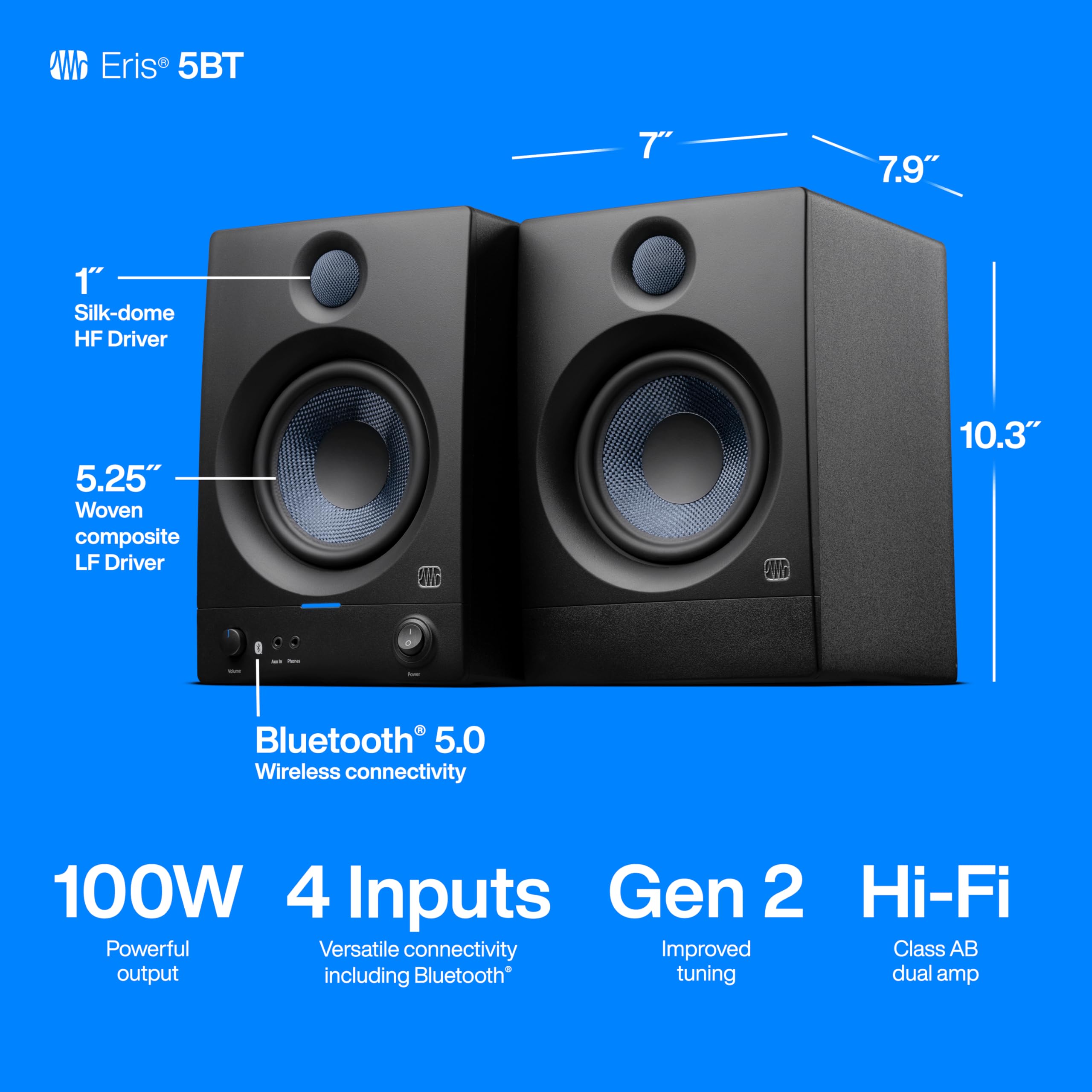 Presonus Eris 5Bt Bluetooth Studio Monitors, Pair   5'' Powered, Active Monitor Speakers For Near Field Music Production, Audio