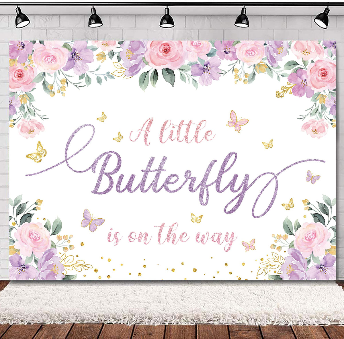 Svbright Butterfly Baby Shower Decorations Backdrop For Girl 7Wx5H A Little Butterfly Is On The Way Pink Purple Flowers Girls Pr