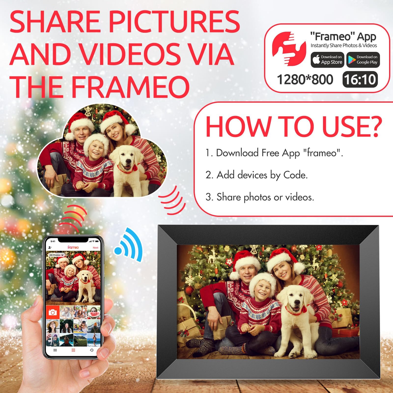 Frameo 10.1 Inch Digital Photo Frame, 32Gb Wifi Digital Frame, 1280X800 Ips Lcd Touch Screen, Auto Rotate, Wall Mounted, Easy Se