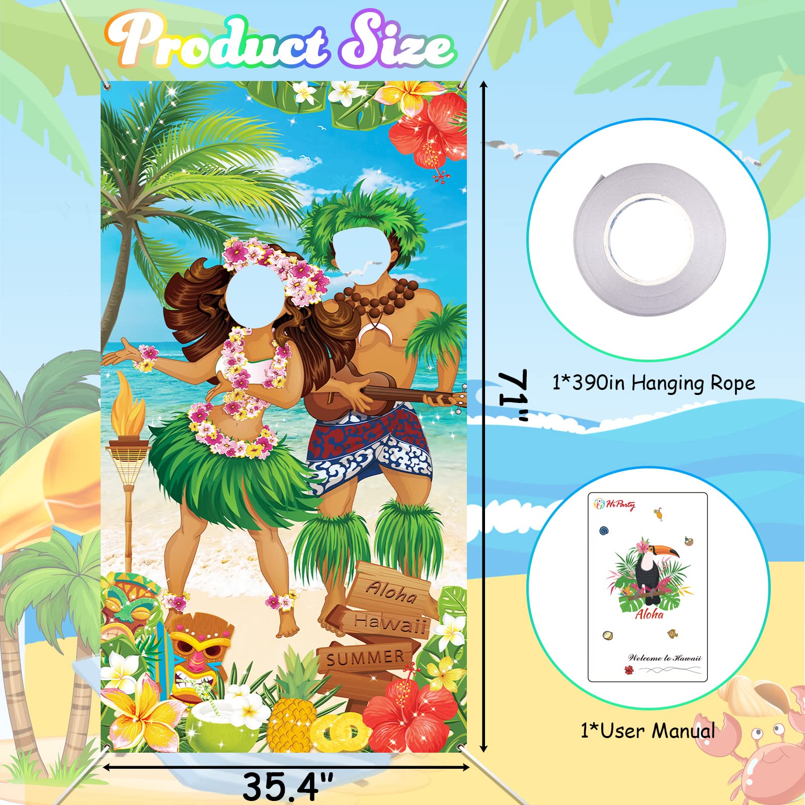 Hiparty Hawaiian Luau Party Decorations, Luau Couple Photo Door Banner, Tiki Luau Photo Props For Beach Party Tiki Banner Backgr