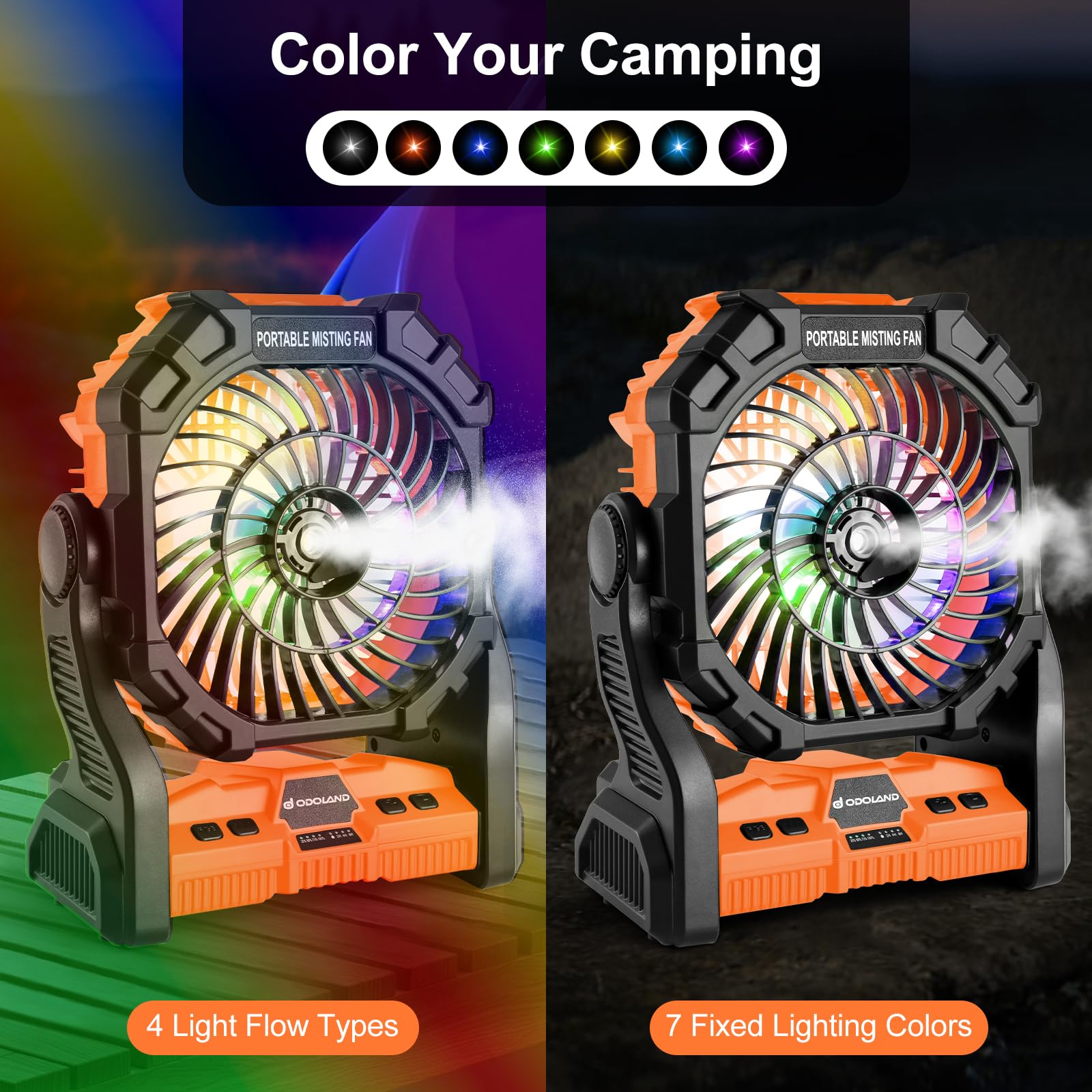Odoland 20000Mah Camping Fan, Portable Misting Fan With Rgb Light, Battery Operated Rechargeable Mister Tent Fan With Hook & 250