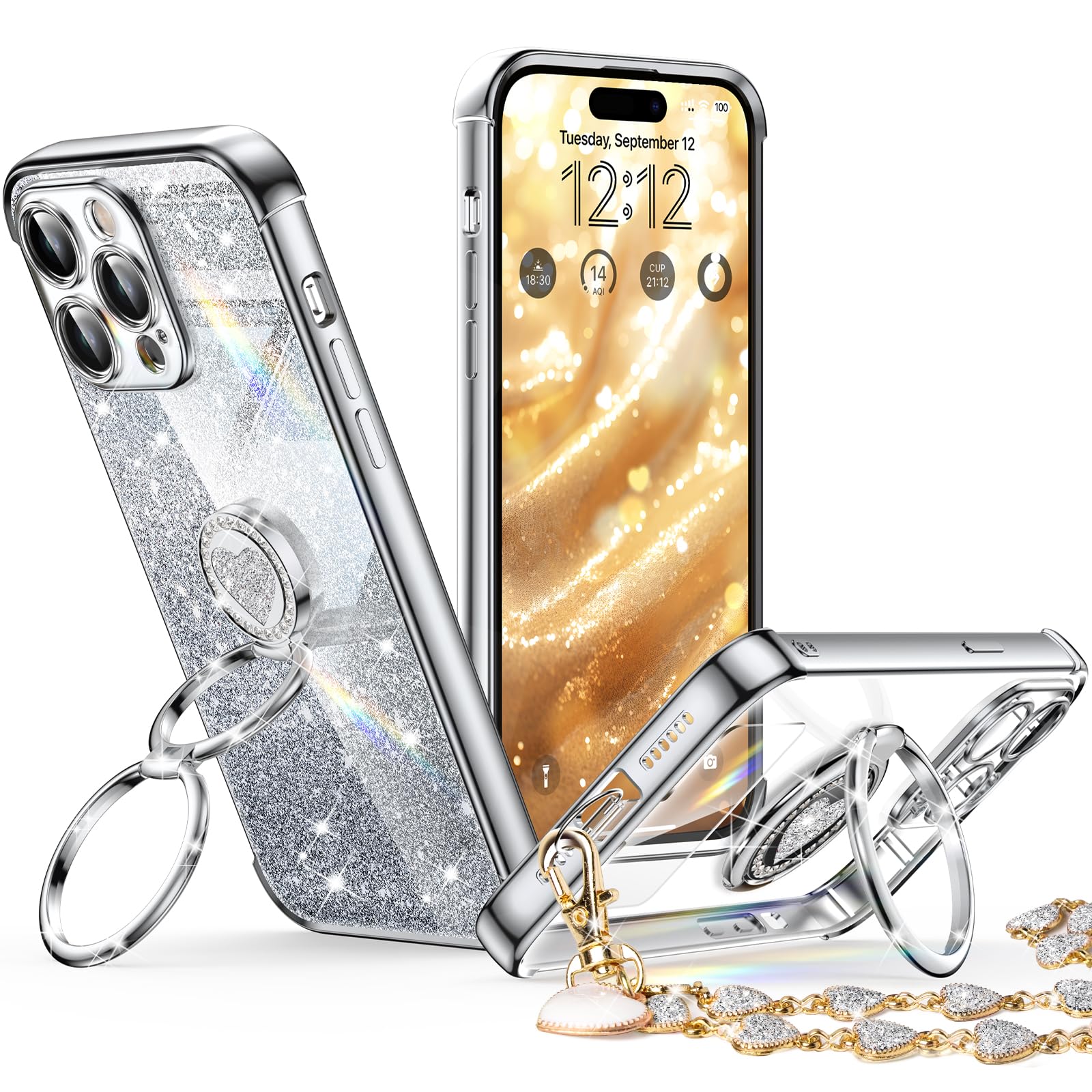 Xyz For Iphone 14 Pro Max Case With Stand, Phone Case With Double Ring Kickstand, Women Girls Bling Luxury Glitter Clear Phone C