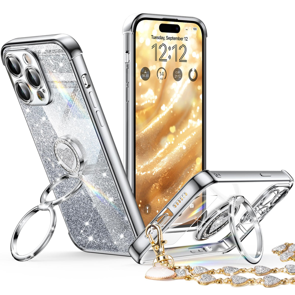 Xyz For Iphone 15 Pro Max Case With Stand, Phone Case With Double Ring Kickstand, Women Girl Cute Love Heart Luxury Bling Tectiv